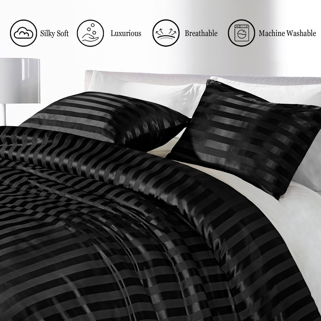 All-Season 3-Piece Reversible Silky Soft King Size Comforter Set, Luxury Stripe Satin Oversized Comforter Bedding Set with 2 Sat... - Cloud-Like Soft Lightweight Bed Comforter Detail