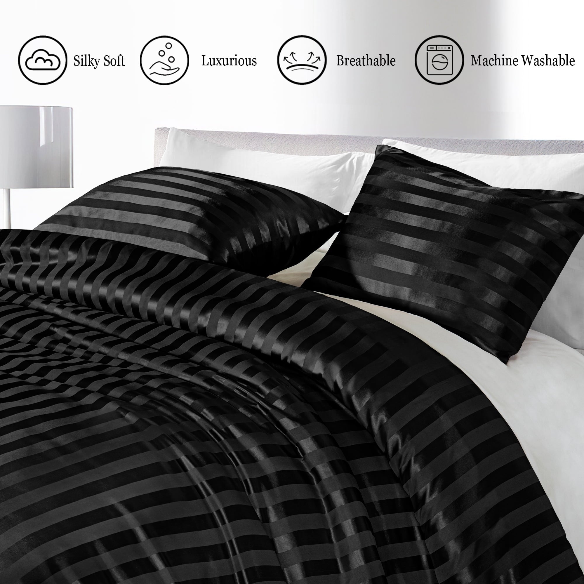 All-Season 3-Piece Reversible Silky Soft King Size Comforter Set, Luxury Stripe Satin Oversized Comforter Bedding Set with 2 Sat... - Cloud-Like Soft Lightweight Bed Comforter Detail