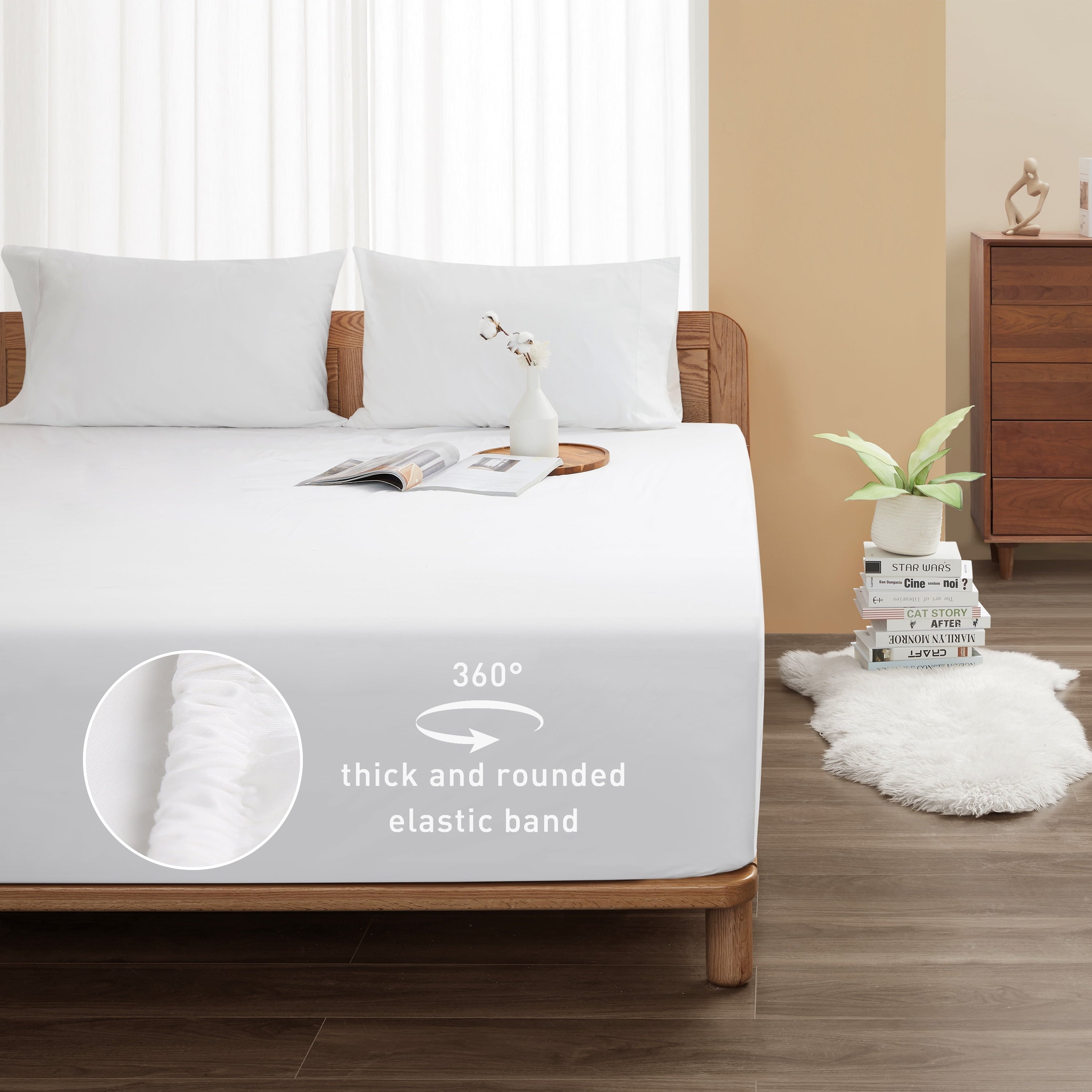 Breathable Luxury 100% Cotton Queen Size Fitted Sheet Only, 300 Thread Count White Fitted Bed Sheet with 22” Extra Deep Pocket, Soft & ... - Breathable Egyptian Cotton Flat & Fitted Sheets Detail