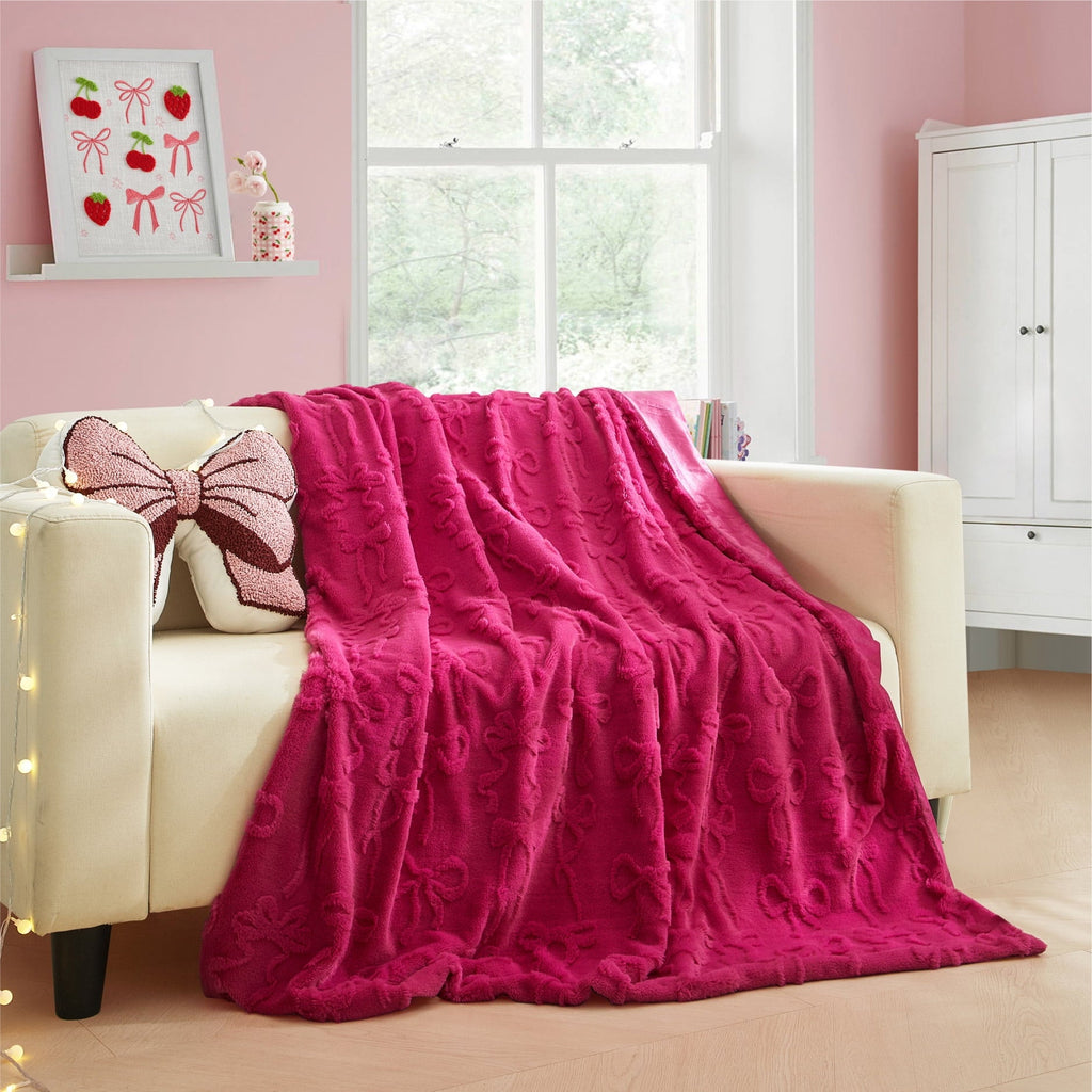 Reversible Sherpa Gen Z 50" x 60"Carved Bow Faux Fur Throw - Cozy Fleece Throw Blanket for Couch & Bed Detail