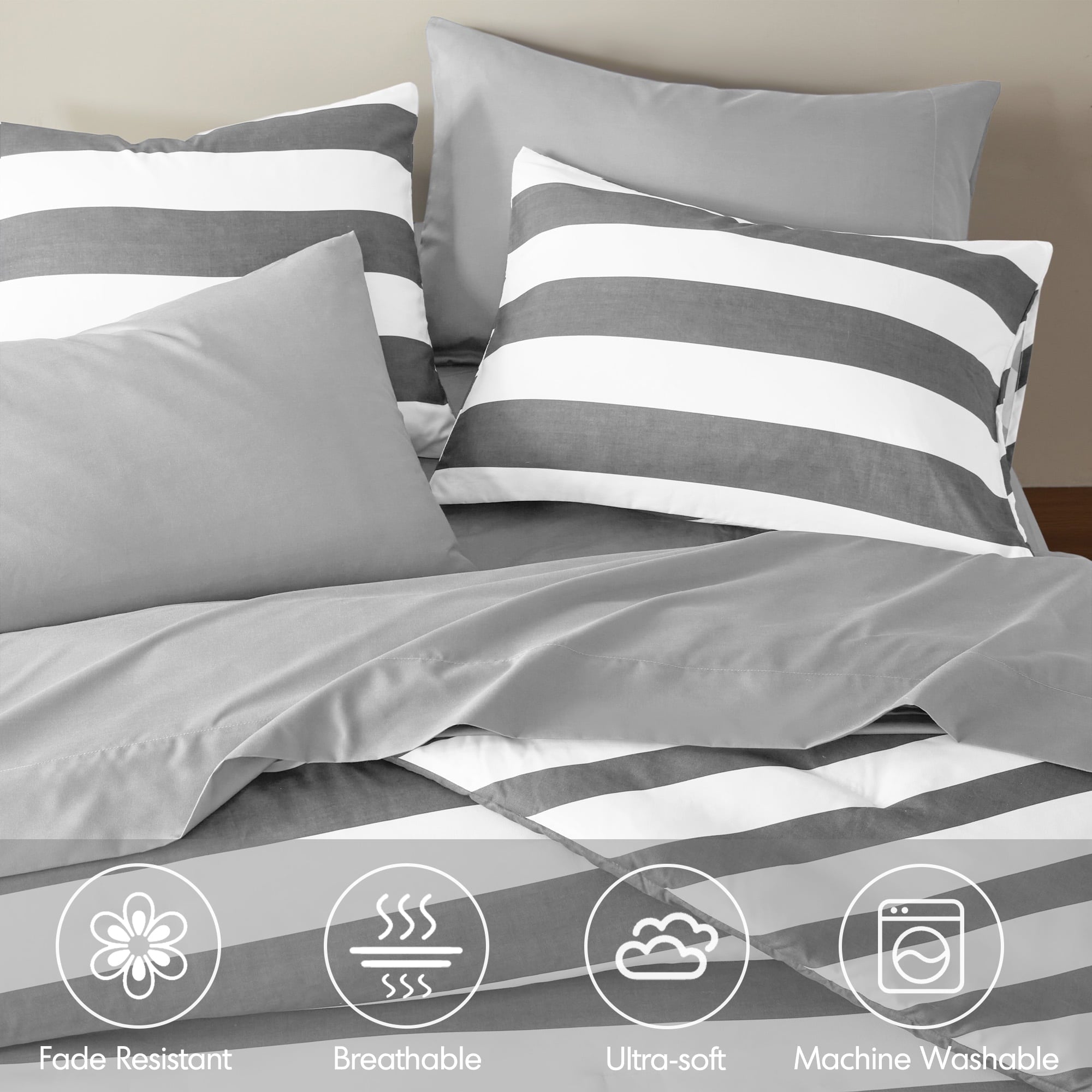 Fluffy Down Alternative Full/Queen Size Comforter Sets, 3-Piece Bedding Set Full/Queen, Reversible Striped Comforter Bed Set, Charcoal - All-Season Down Alternative Comforter Insert Detail