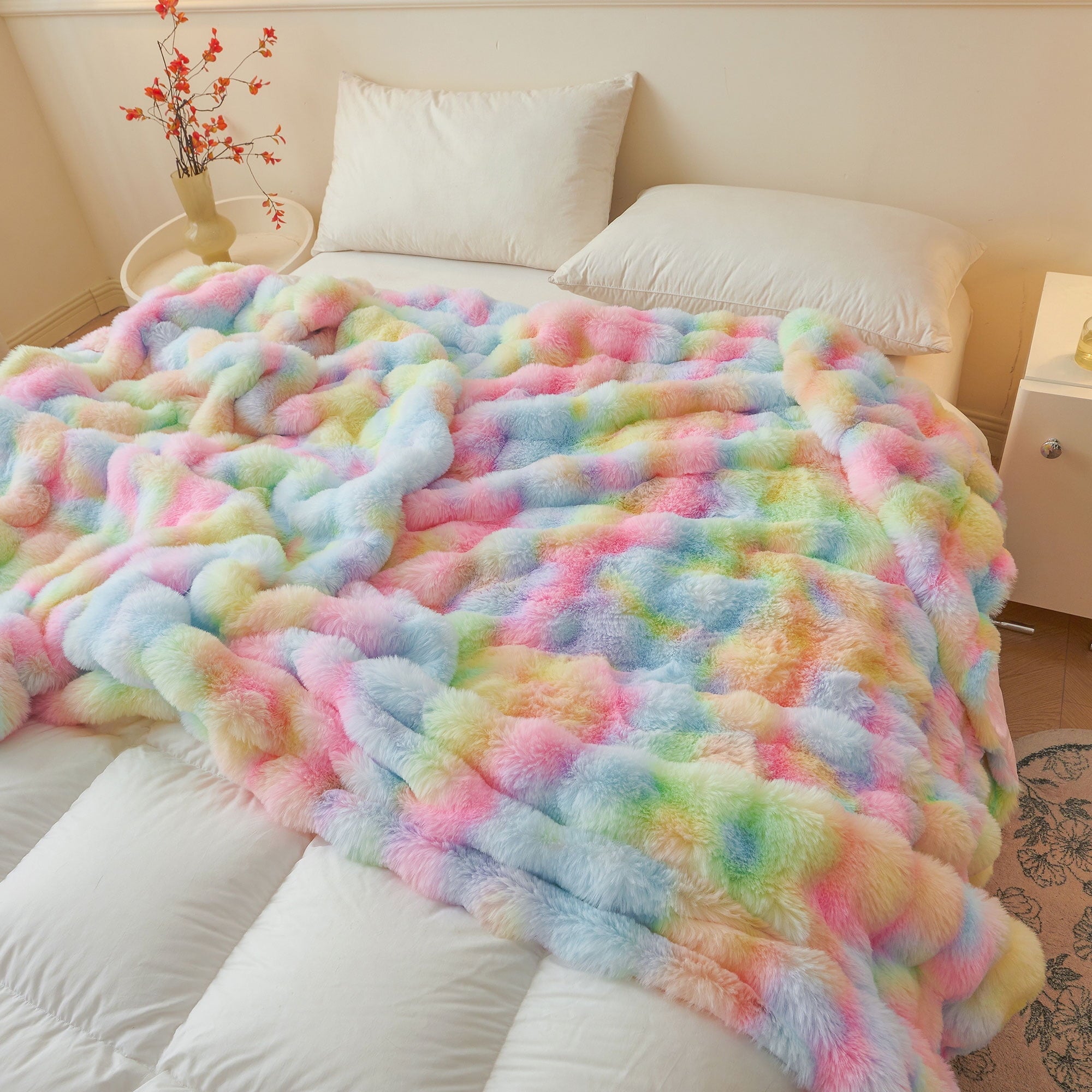Reversible Sherpa Fluffy Faux Rabbit Fur Bubble Throw, Rainbow Plush Shaggy Blanket for Couch Sofa Chair, Soft Tie Dye Furry Blanket Ad... - Cozy Fleece Throw Blanket for Couch & Bed Detail