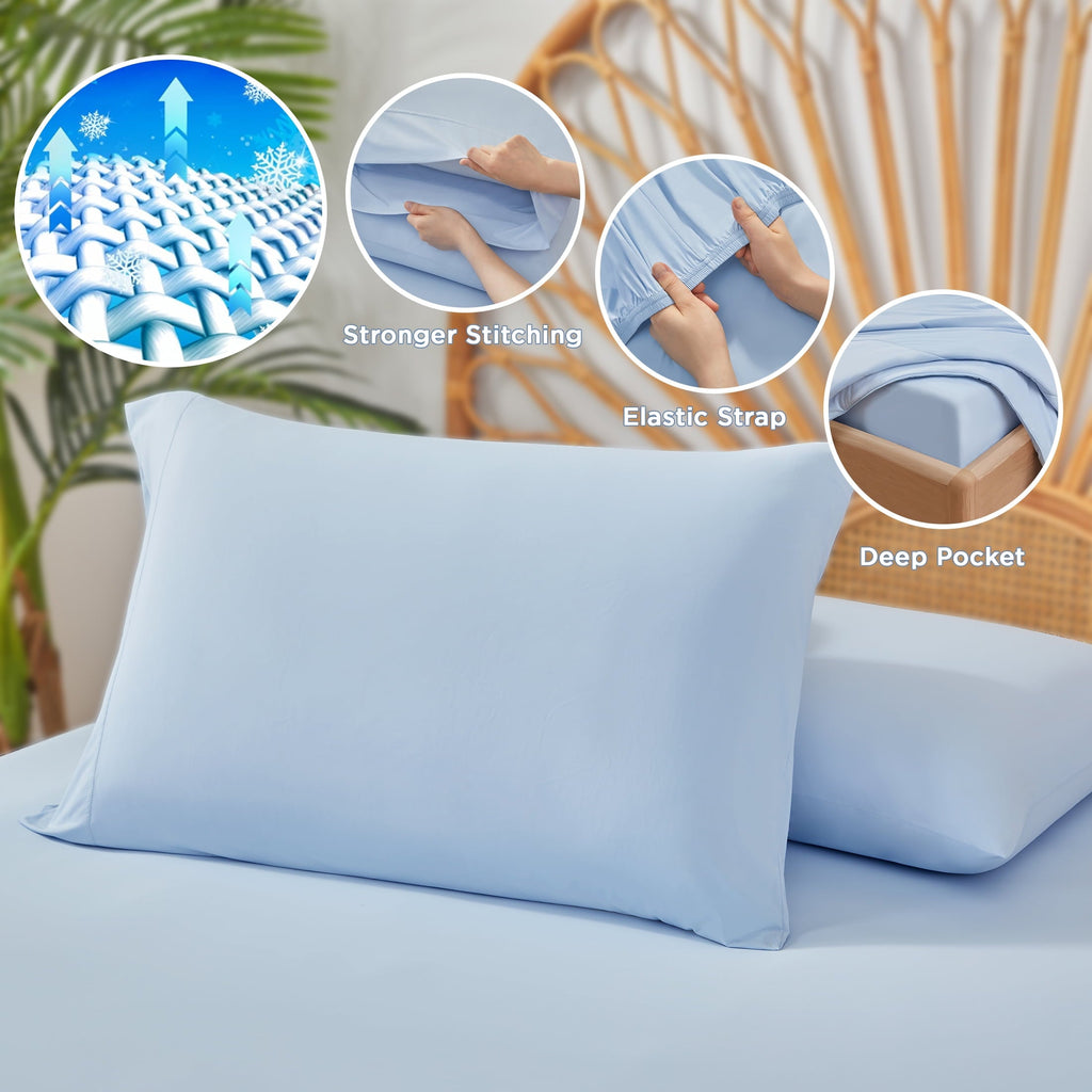 Ultra-Soft Full/QueenSize Sheet Set, 3 Piece Cooling Bed Sheet with Deep Pocket for Hot Sleepers, Ice Blue - Premium Ultra-Soft Pillowcase Pair for Sleeping Detail