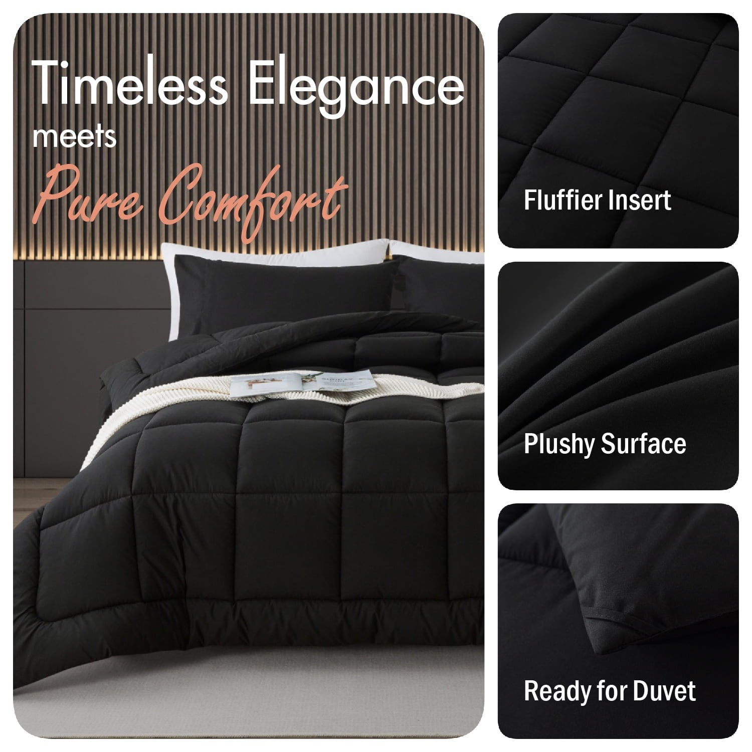 Fluffy Down Alternative Queen Size 3-Piece All-Season Down Alternative Comforter Set Deep Black (Comforter and Pillowcase Bedding Set / bed i... - Cloud-Like Soft Lightweight Bed Comforter Detail