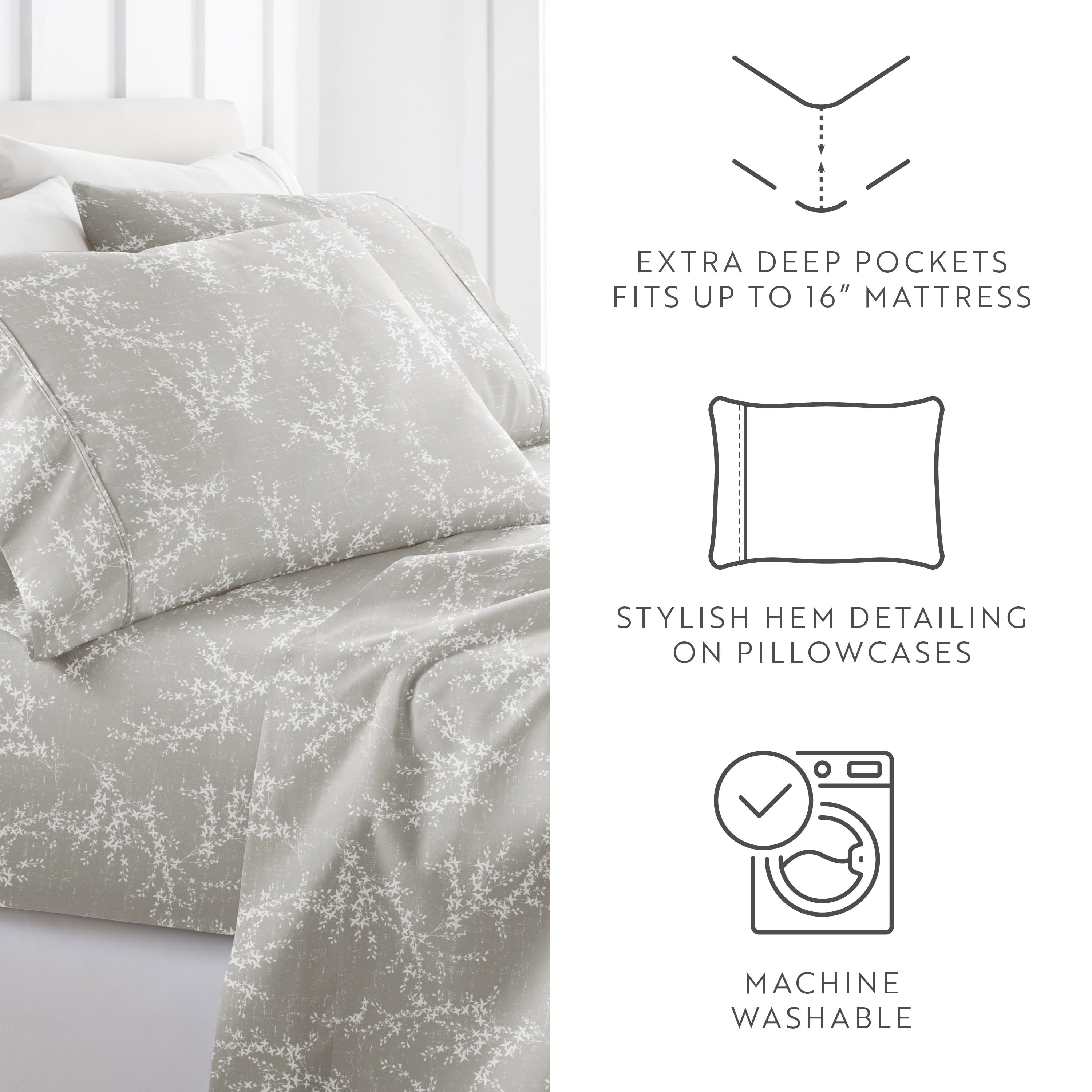 Ultra-Soft 3 Piece Pattern Microfiber Bed Sheets Set, Distressed Willow Light Gray, Twin - Cooling Hotel Quality Bedding Sheets and Pillowcases Detail