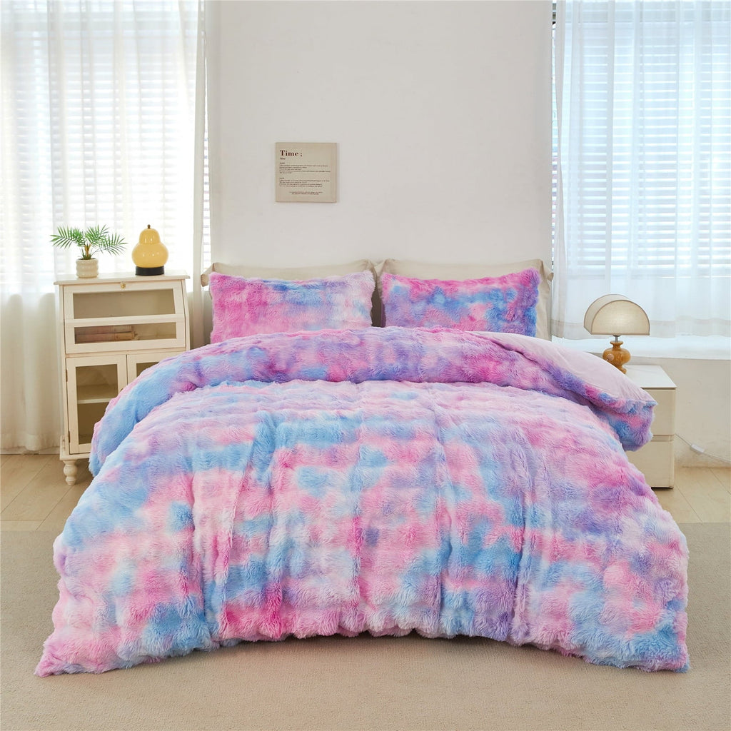 Luxurious Quilted Faux Rabbit Fur Comforter Set Twin 3Pcs Girls Blue Purple Bedding Set Tie-Dyeing Soft Bed Comforter Set Warm Fuzzy Ki... - Luxurious Quilted Duvet Cover Set Detail