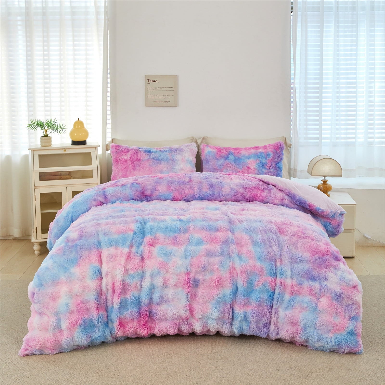 Luxurious Quilted Faux Rabbit Fur Comforter Set Twin 3Pcs Girls Blue Purple Bedding Set Tie-Dyeing Soft Bed Comforter Set Warm Fuzzy Ki... - Luxurious Quilted Duvet Cover Set Detail