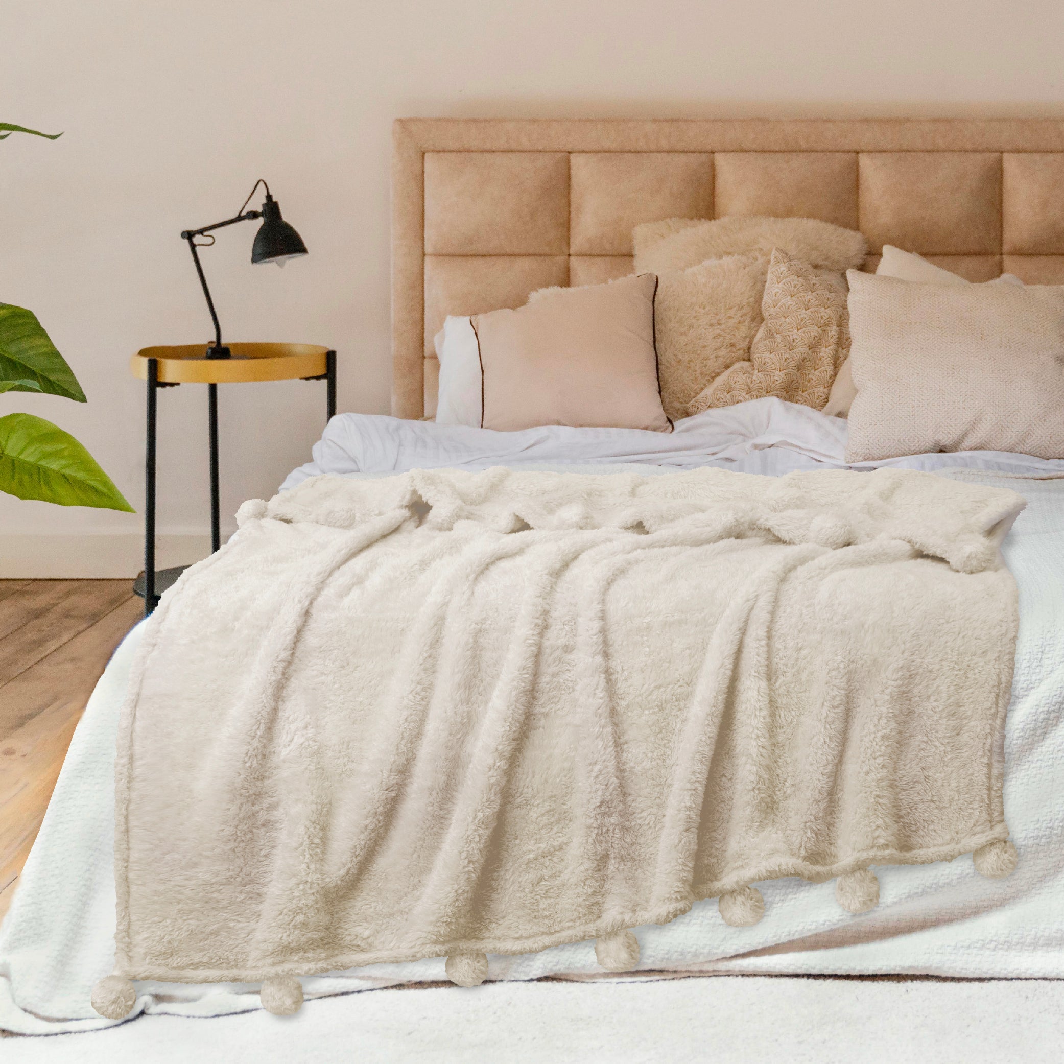 Reversible Sherpa Ivory Cream Sherpa Throw Blanket with Soft Pom Pom Fringe, Plush Cozy Warm Blankets for Couch Bed Sofa, Fuzzy Fleece ... - Luxury Knitted Decorative Throw Blanket with Fringes Detail