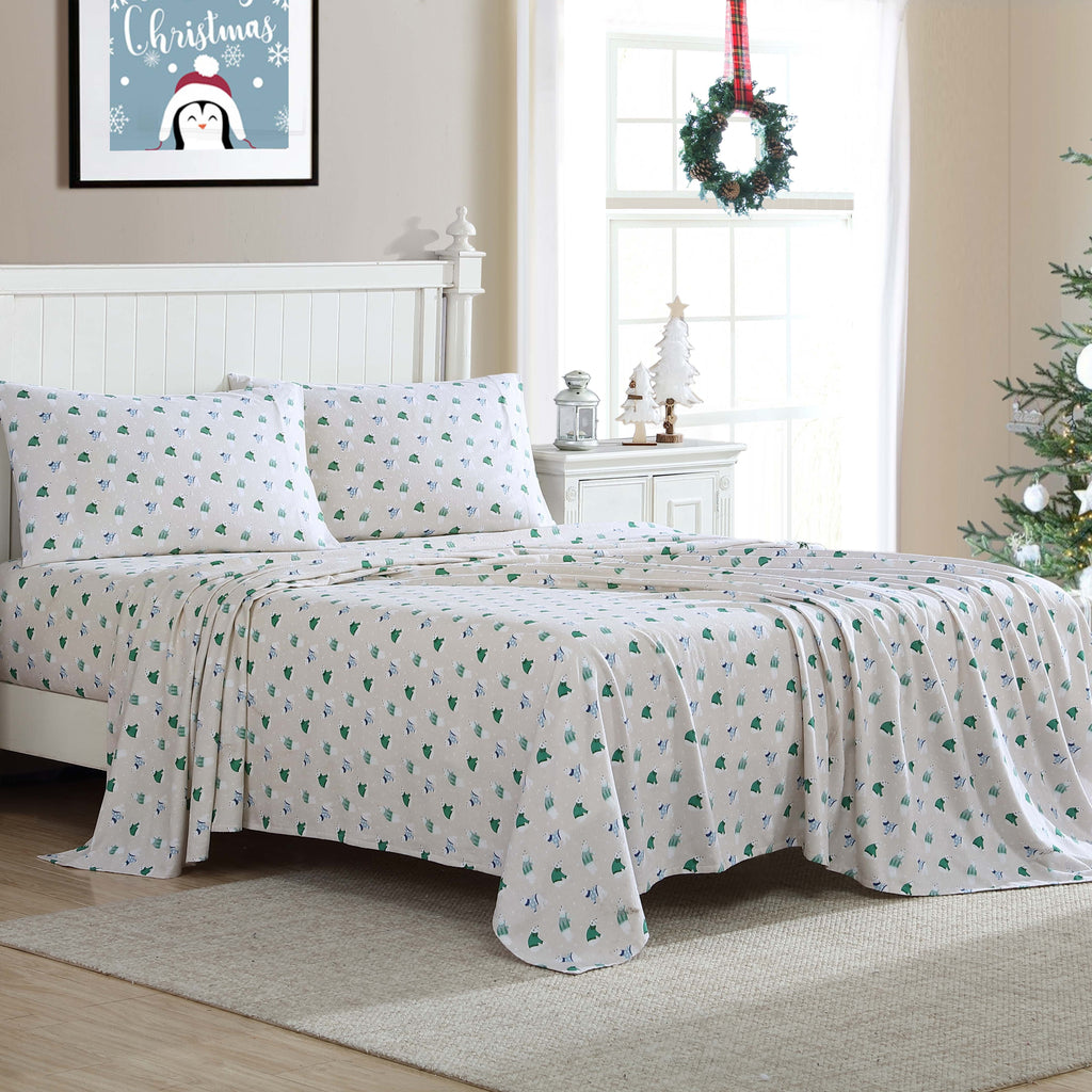 Premium Egyptian Cotton Winter Nights Cotton Flannel Sheet Set, King, Holiday Bears - Luxury Bed Sheet Set with Deep Pockets Detail
