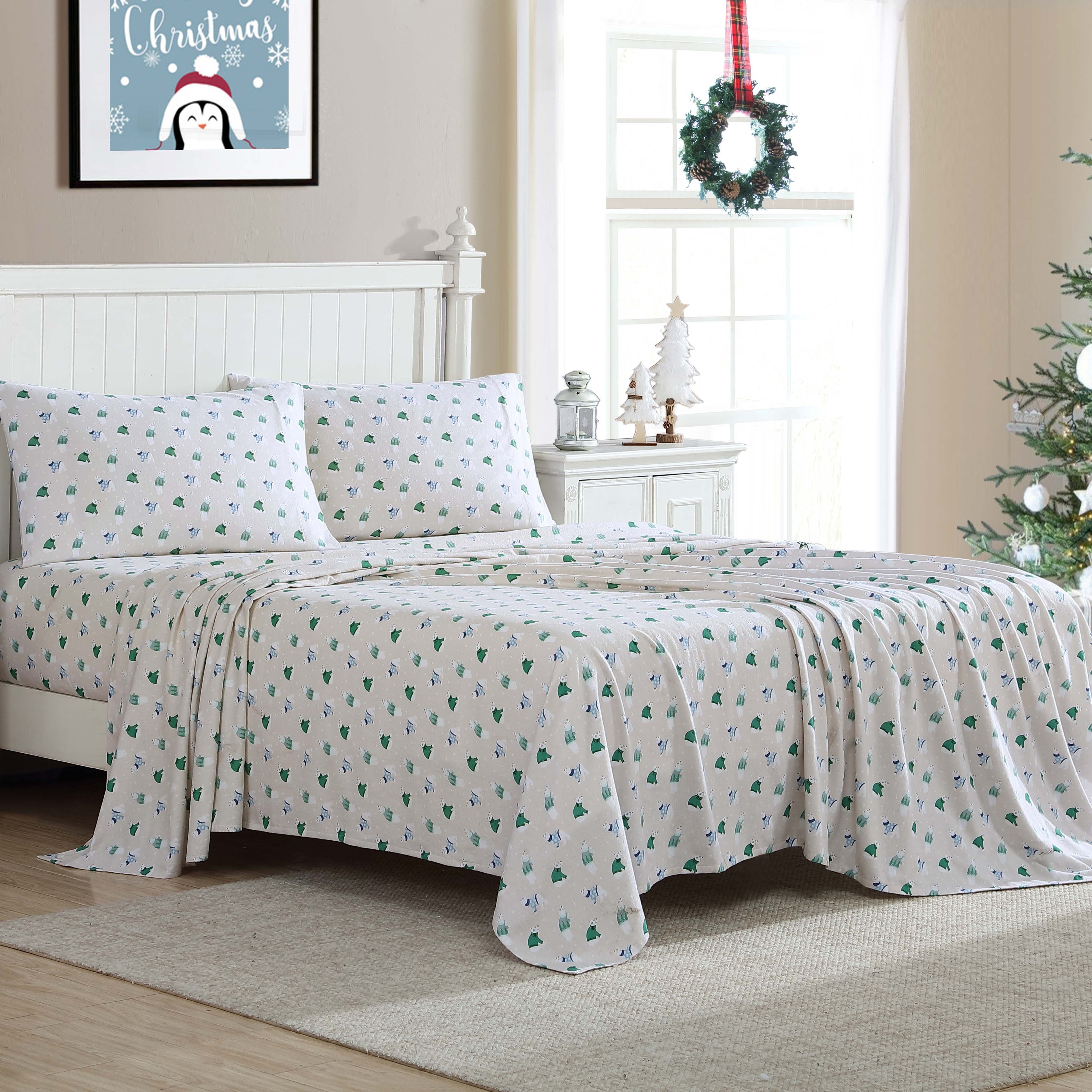 Premium Egyptian Cotton Winter Nights Cotton Flannel Sheet Set, King, Holiday Bears - Luxury Bed Sheet Set with Deep Pockets Detail