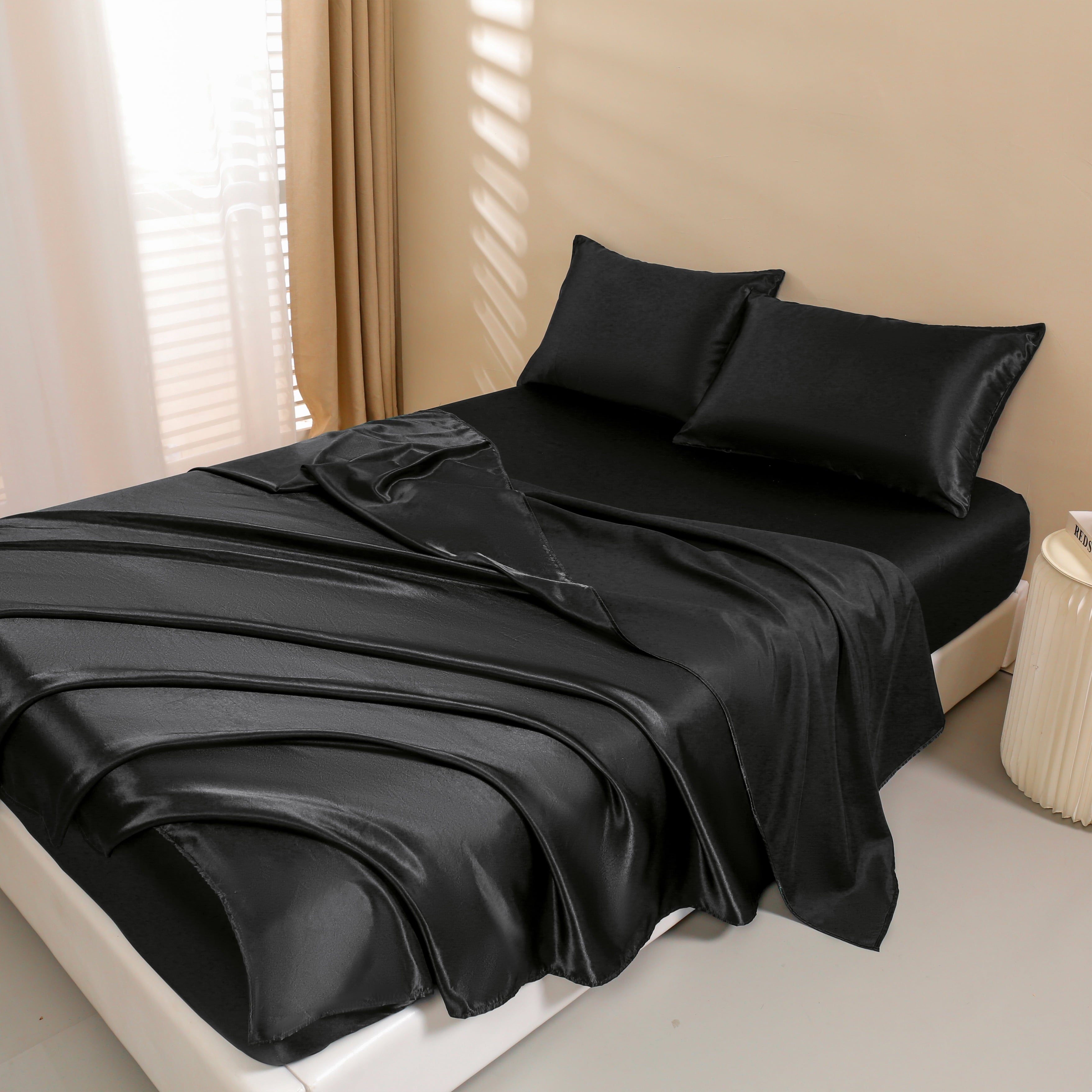 Premium Egyptian Cotton 4Pcs Black Satin Sheets Queen Set Silk Sheets 13" Deep Pocket Ultra Soft silky Bed Sheet Set - Breathable Egyptian Cotton Flat & Fitted Sheets Detail