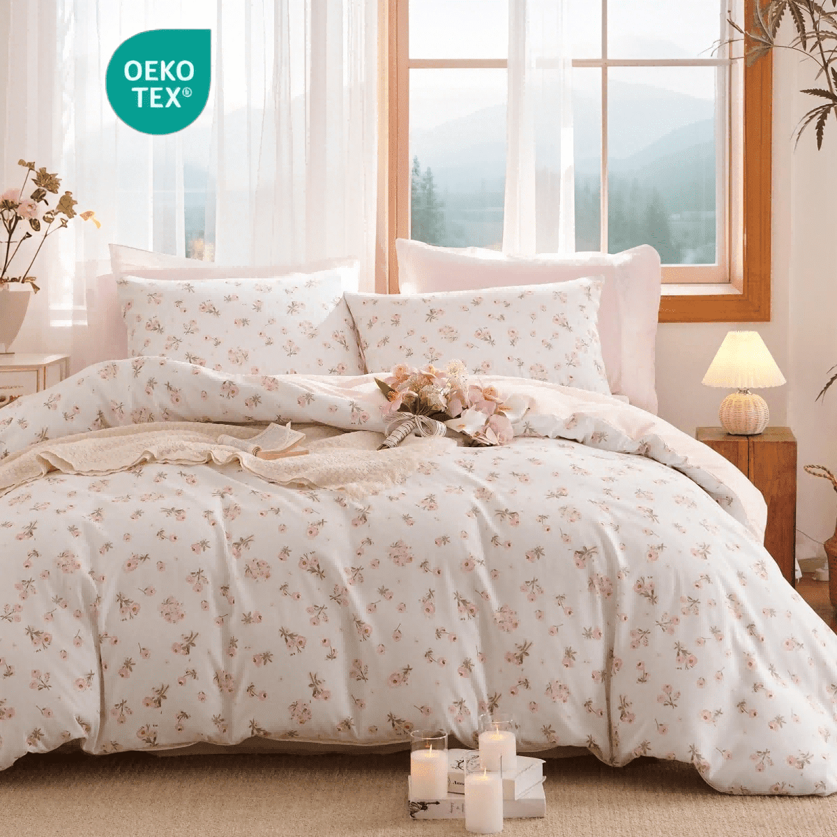 Fluffy Down Alternative Pink loyalty Floral Comforter Queen Sets, 3 Pieces Chic Botanical Pink White Floral Reversible Comforter for All Season - Hypoallergenic Ultra-Fluffy Quilt for Winter Detail