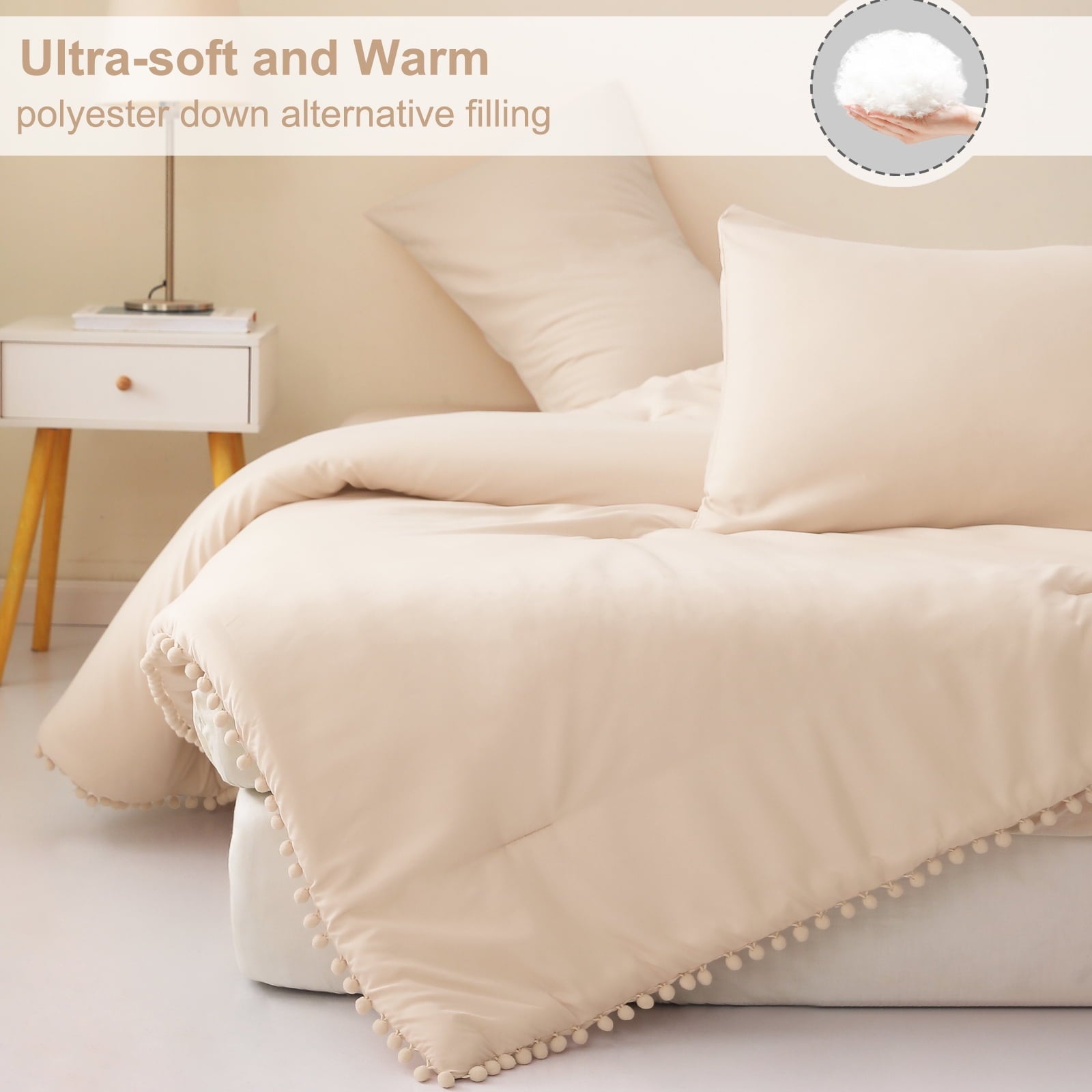 Luxurious Quilted Boho Pom Pom Ball Fringe King Size Comforter Set, 3 Pieces Beige Lightweight Down Alternative Bedding Comforter Sets ... - Luxurious Quilted Duvet Cover Set Detail