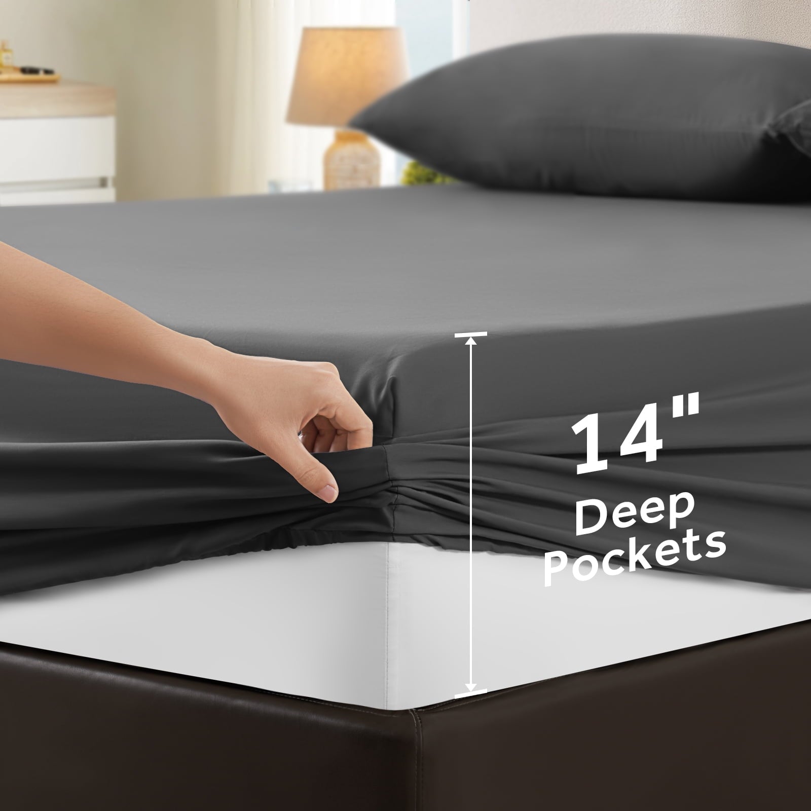 Premium Egyptian Cotton Sheets,Soft Hotel Luxury Polyester Washed Cotton,4 Piece Sheets Set,with 14" Deep Pocket,Dark Gray - Luxury Bed Sheet Set with Deep Pockets Detail