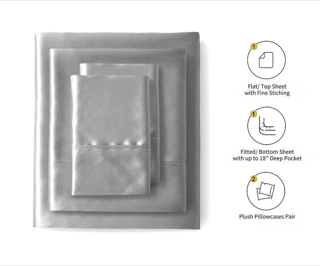 Wrinkle-Resistant Luxury Satin Sheets Set Full Size Light Gray, 4-Piece Bedding Sets with Deep Pockets - Soft and Smooth Satin Bed Shee... - Premium Ultra-Soft Pillowcase Pair for Sleeping Detail