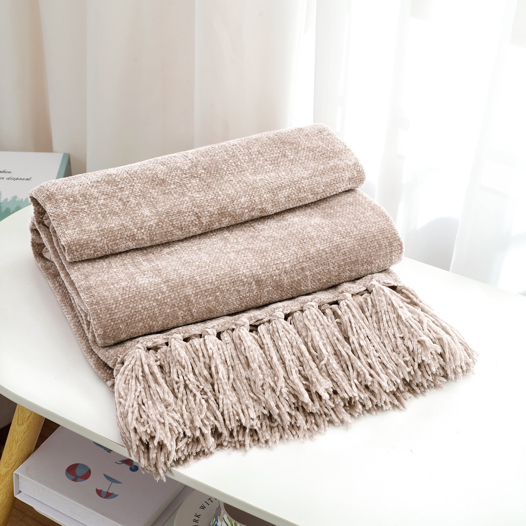 Decorative Knitted Chenille Throw Blanket with Fringe Tassel for Couch Sofa Chair Bed, Taupe 50" X 60" - Super Soft Reversible Sherpa Flannel Blanket Detail