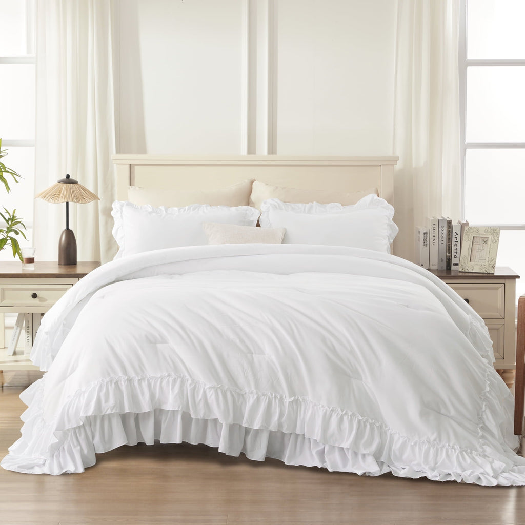 All-Season Queen Comforter Set White - 3 Pieces Soft Fluffy Ruffle Bedding Comforter Sets for Queen Bed, All Season Farmhouse Li... - Cloud-Like Soft Lightweight Bed Comforter Detail