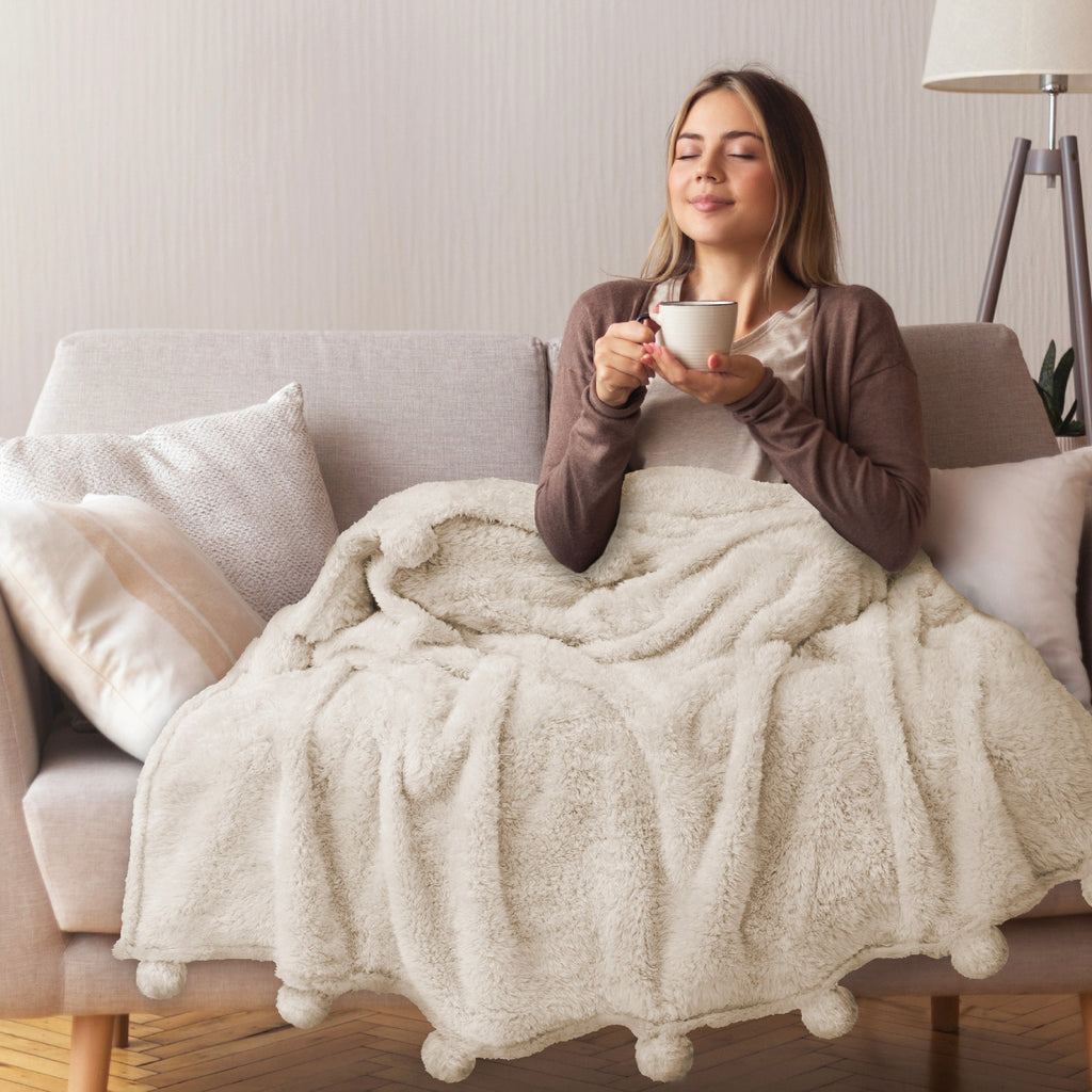Reversible Sherpa Ivory Cream Sherpa Throw Blanket with Soft Pom Pom Fringe, Plush Cozy Warm Blankets for Couch Bed Sofa, Fuzzy Fleece ... - Luxury Knitted Decorative Throw Blanket with Fringes Detail