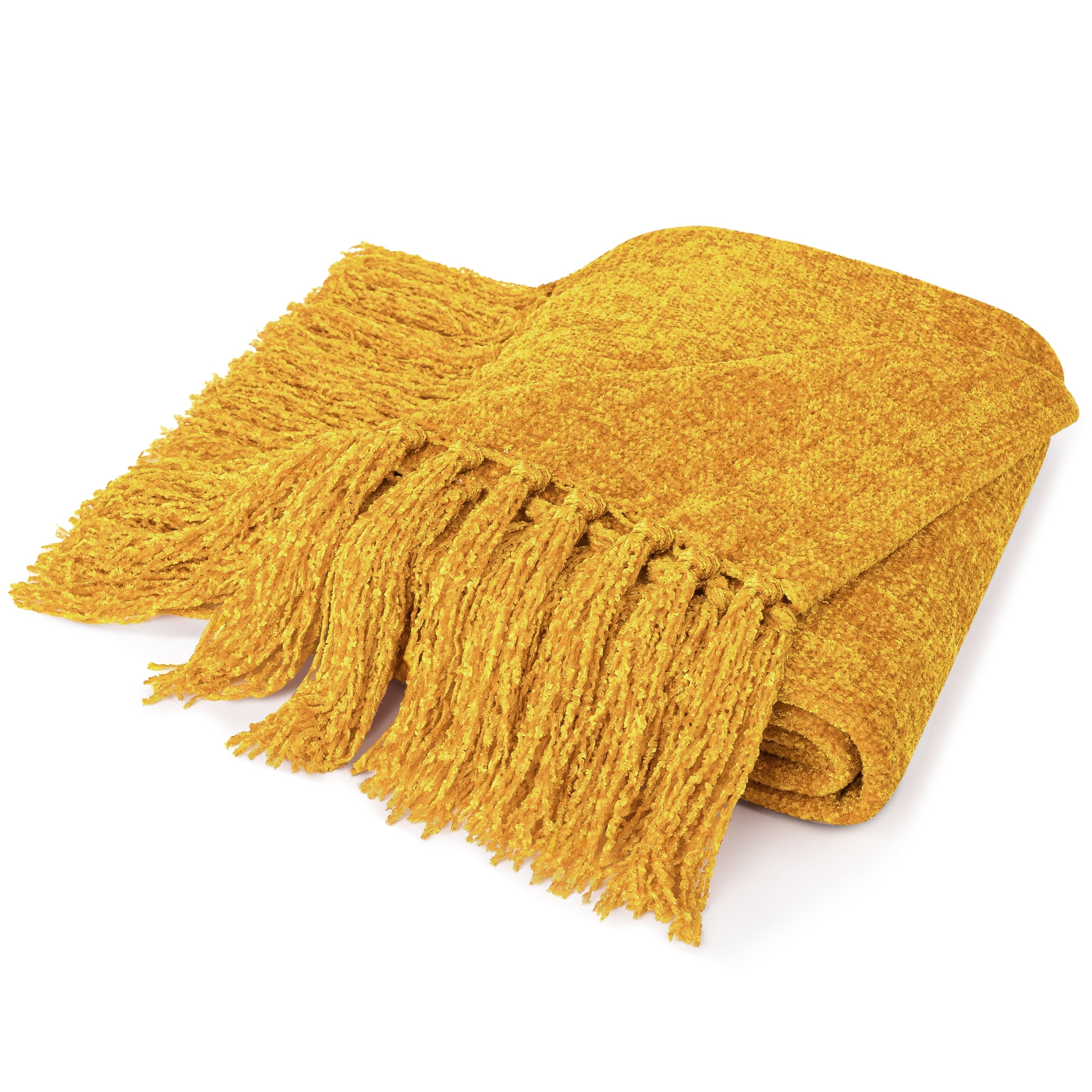 Lightweight Warm Mustard Yellow Chenille Throw Blanket for Couch, Soft Gold Knit Blanket with Tassel Fringe, Woven Chenille Knitted De... - Lightweight Plush Warm Blanket for All Seasons Detail