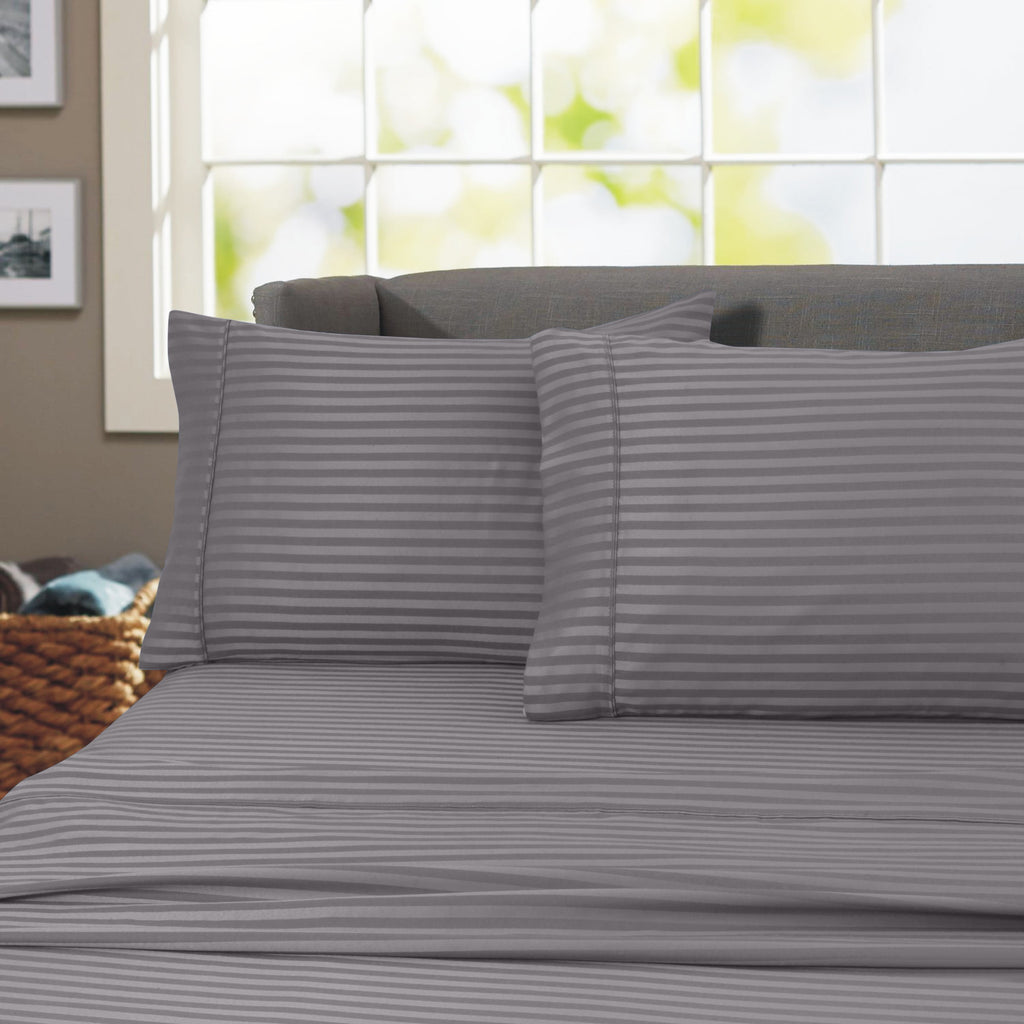 Ultra-Soft 600 100% Cotton Wrinkle Free Striped Sheet Set (Twin, Gray) - Breathable Egyptian Cotton Flat & Fitted Sheets - Default Title