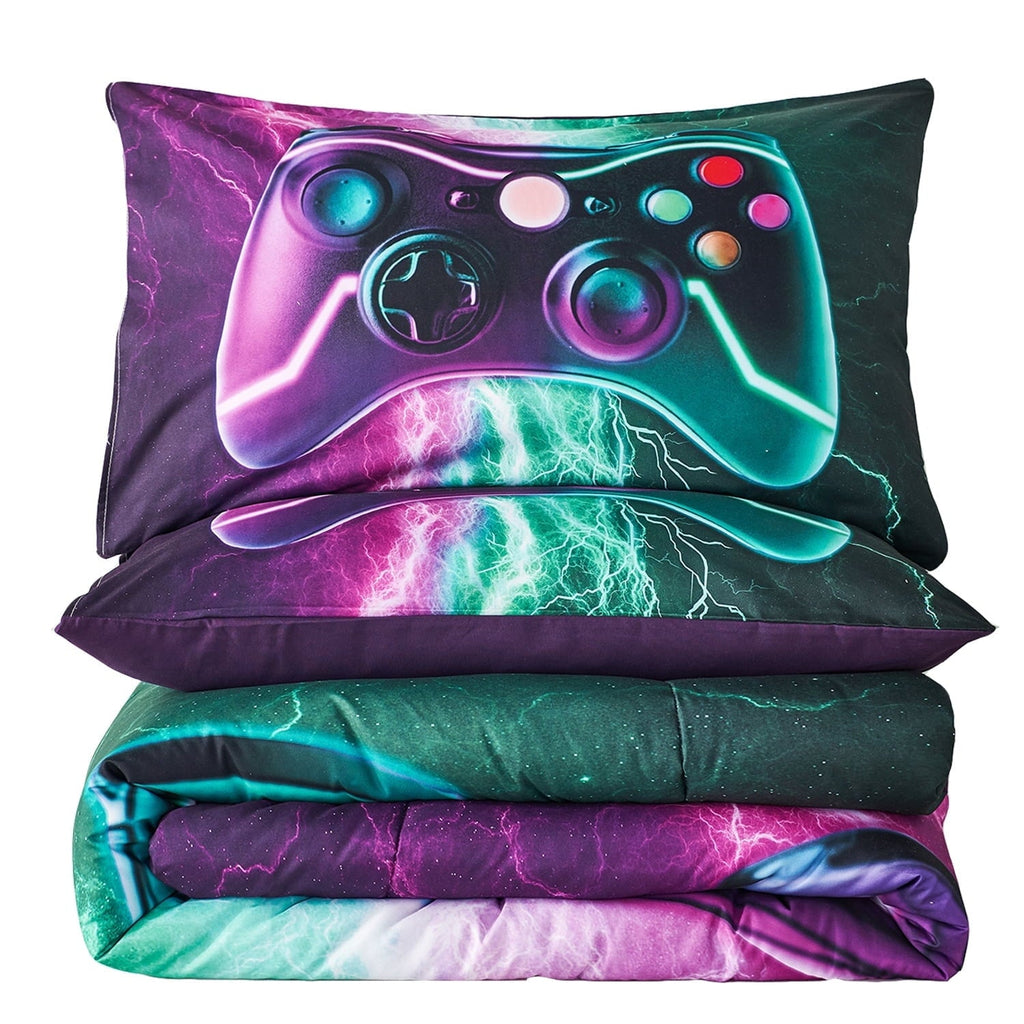 Fluffy Down Alternative Queen Size Gaming Comforter Set for Boys,3-Piece 3D Green Purple Lightning Game Controller Bedding Set for Kids Teens - All-Season Down Alternative Comforter Insert Detail