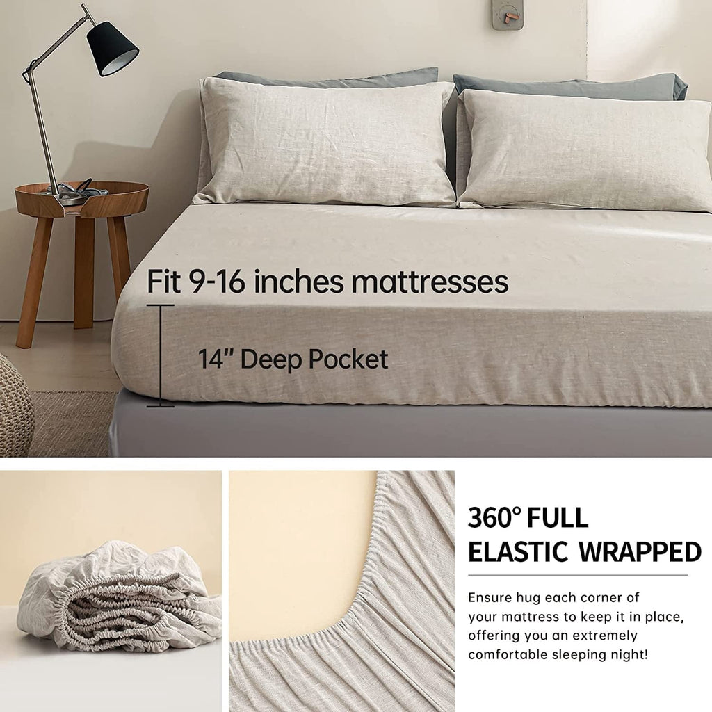 Breathable Luxury 100% Linen Sheet Set Solid Color-4 Pcs Washed French Linen Bed Sheets(1 Flat Sheet,1 Fitted Sheet,2 Pillowcases)-Brea... - Premium Ultra-Soft Pillowcase Pair for Sleeping Detail