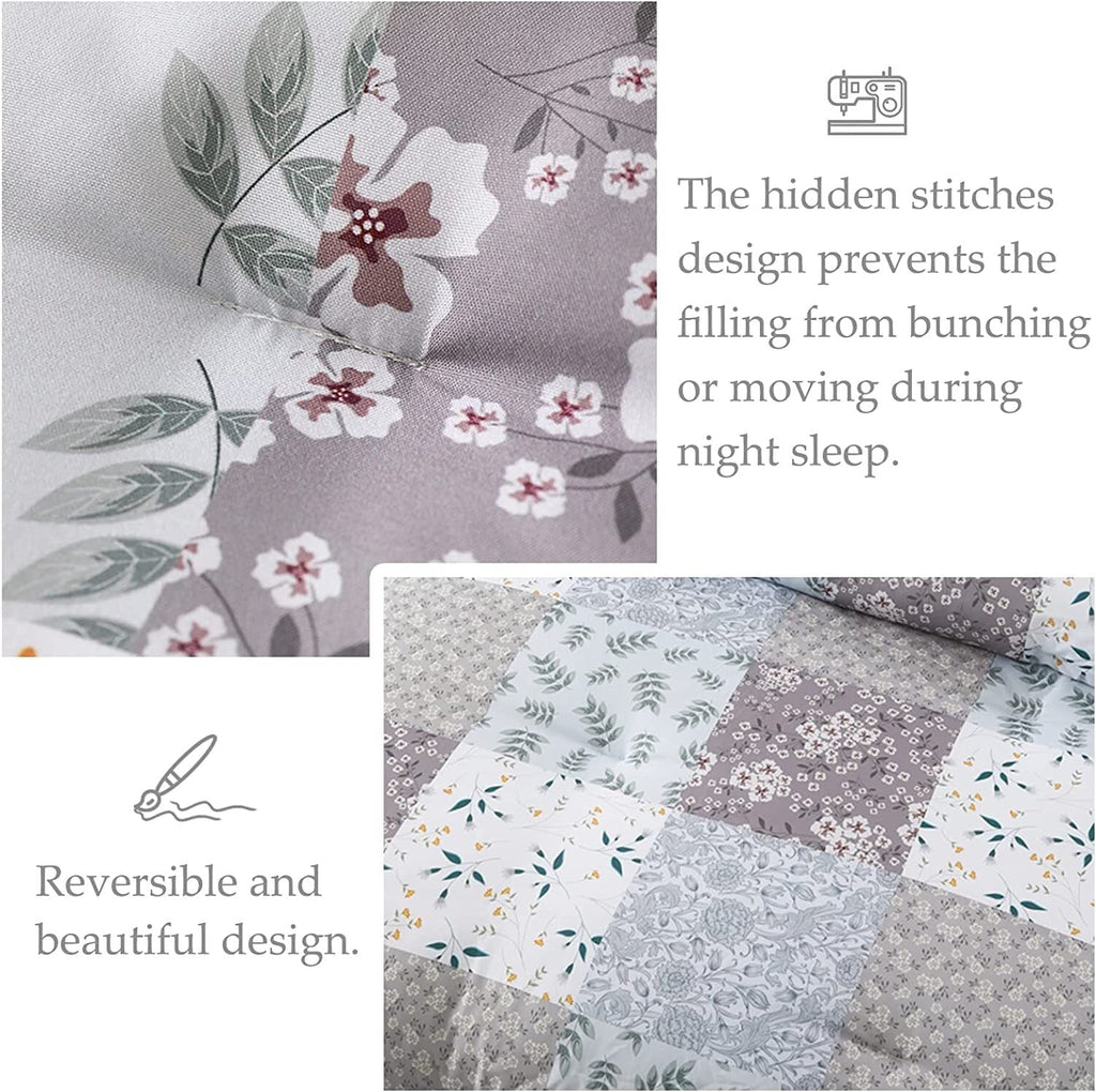 All-Season 3-Piece Queen Comforter Set, Soft Reversible Bedding Comforter Sets, Patchwork Printed Down Alternative Comforter Duv... - Luxurious Quilted Duvet Cover Set Detail
