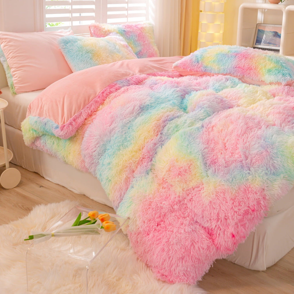 Fluffy Down Alternative 3Pcs Pink Faux Fur Twin Comforter Set for Girls Tie Dye Rainbow Kid Bed Set Plush Shaggy Bedding Sets Fuzzy Bed Comfo... - Hypoallergenic Ultra-Fluffy Quilt for Winter Detail