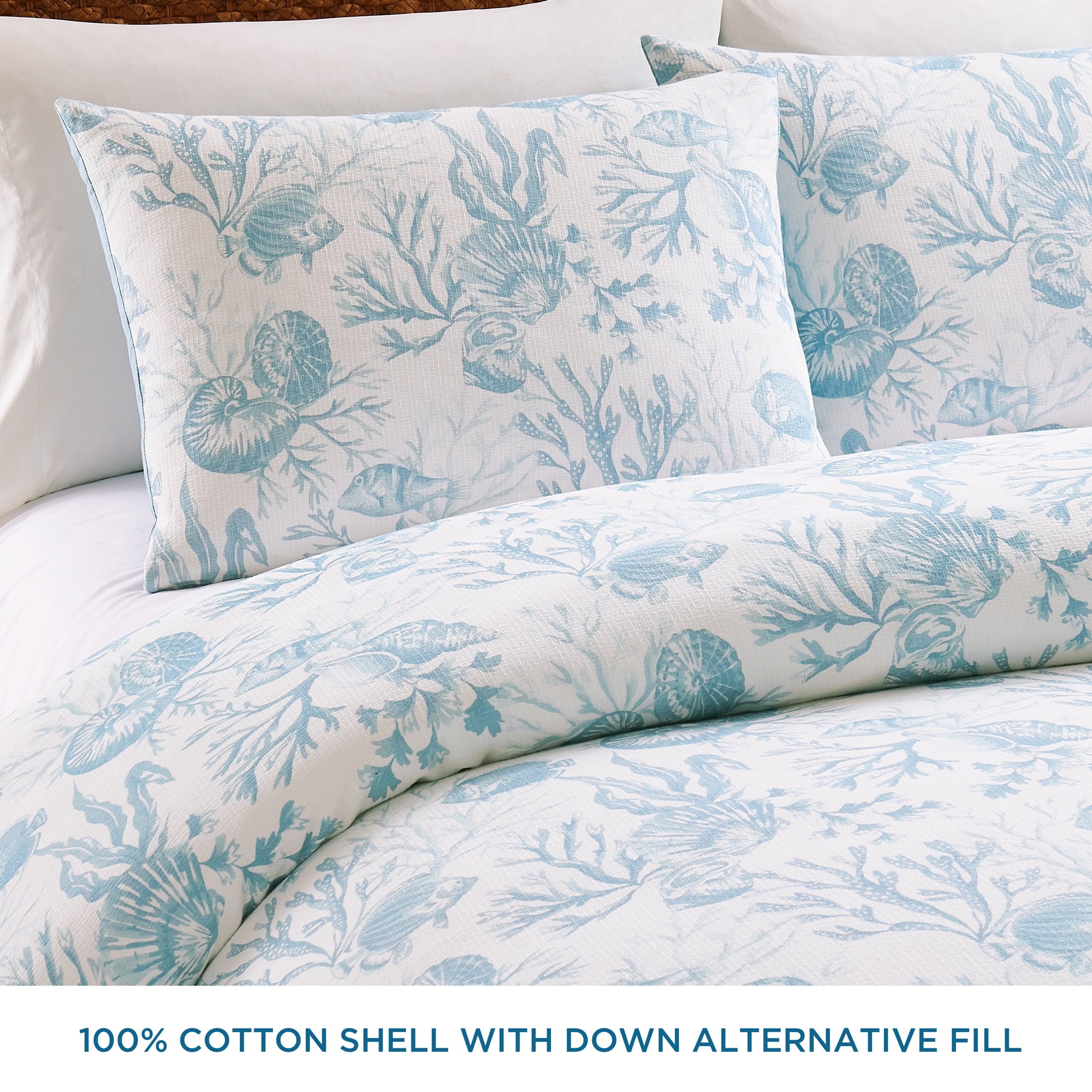 Luxurious Quilted 3-Piece Lightweight 100% Cotton Blue & White Ocean Print Comforter Set, Full/Queen - Cloud-Like Soft Lightweight Bed Comforter Detail