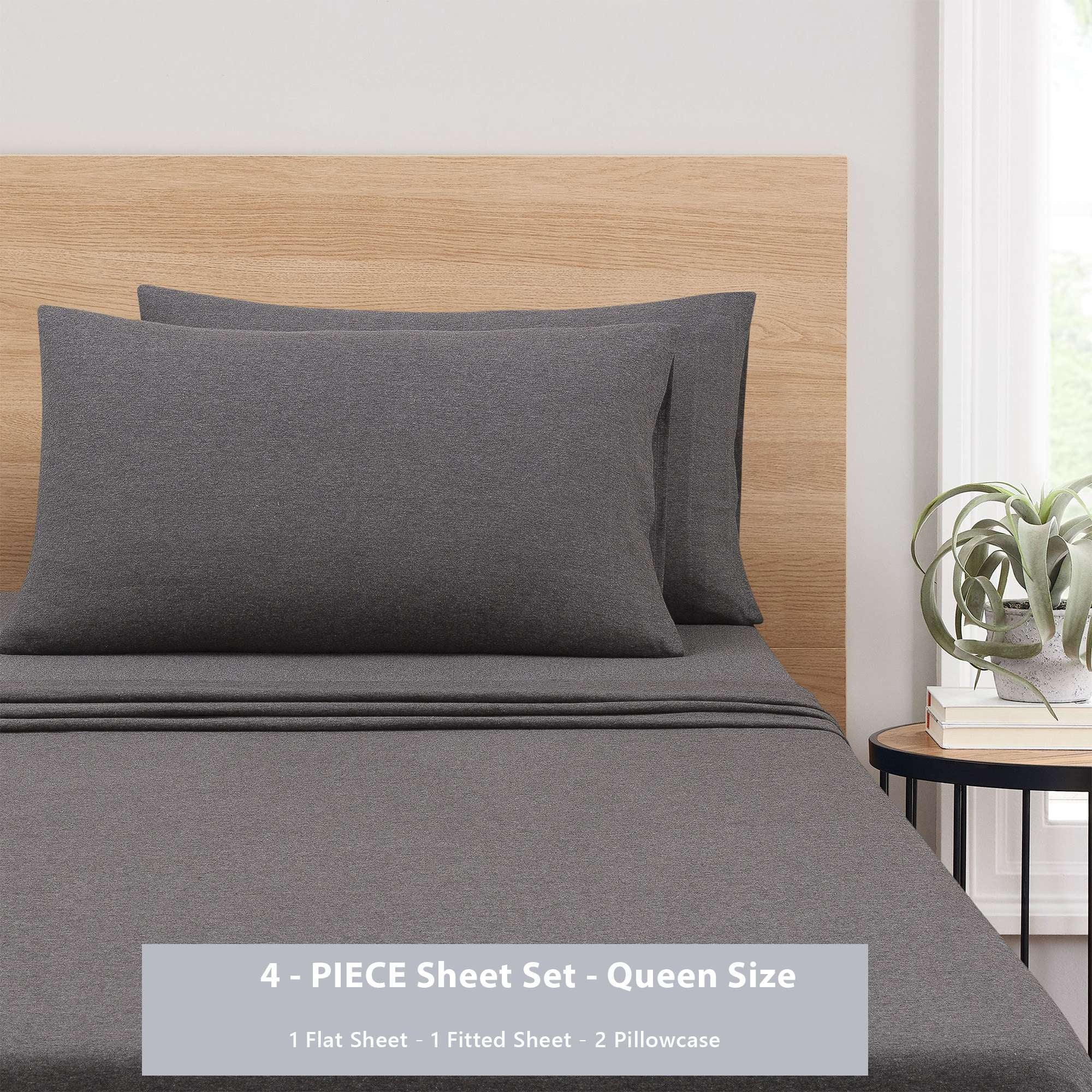 Premium Egyptian Cotton Cotton Rich Extra Soft Jersey Bed Sheet Set, Queen, Charcoal, 4 Pieces - Breathable Egyptian Cotton Flat & Fitted Sheets Detail