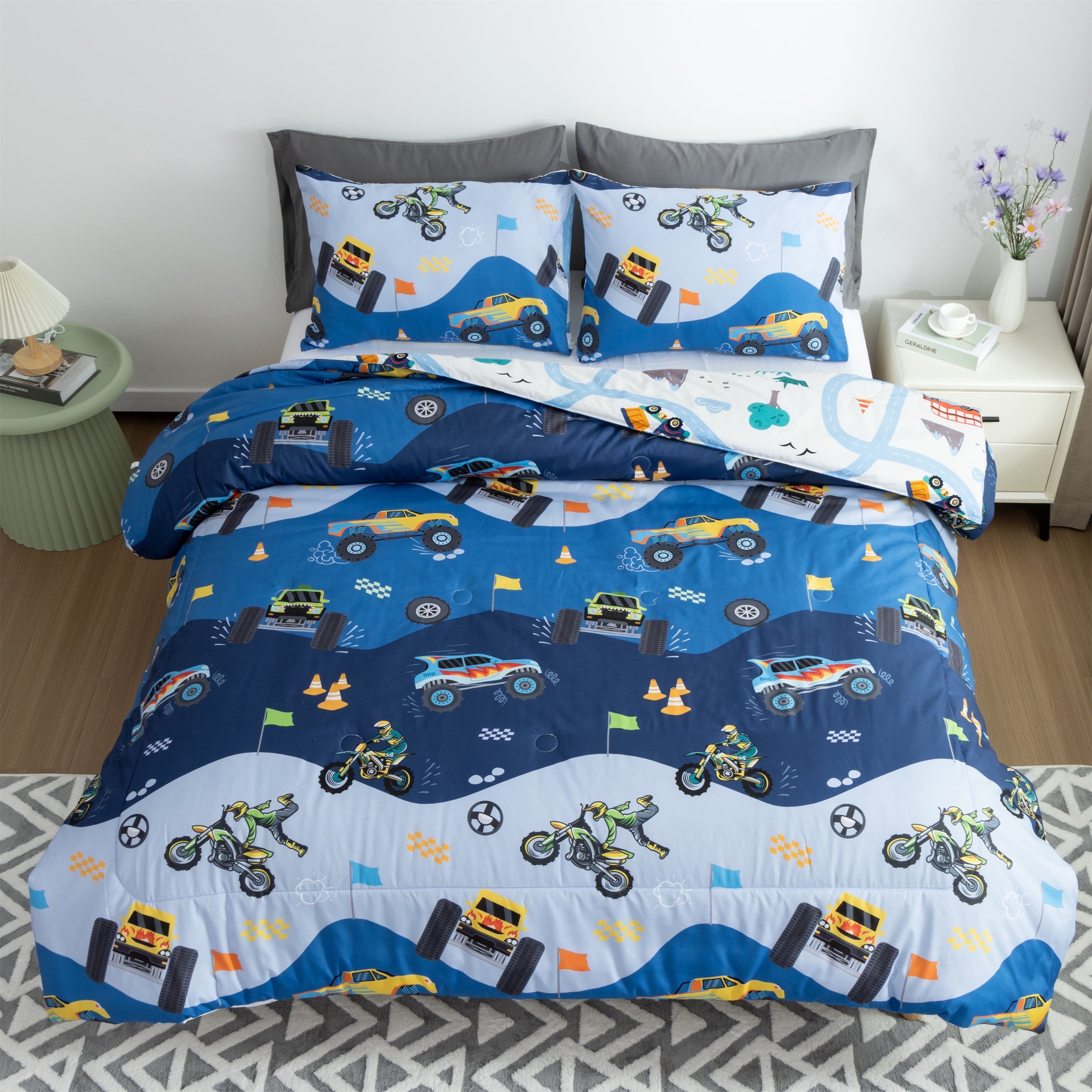 Heavyweight Warmth 3Pcs Reversible Construction Truck Twin Comforter Set for Boys Kids Excavator Vehicle Motorcycle Bedding Set Blue - All-Season Down Alternative Comforter Insert Detail
