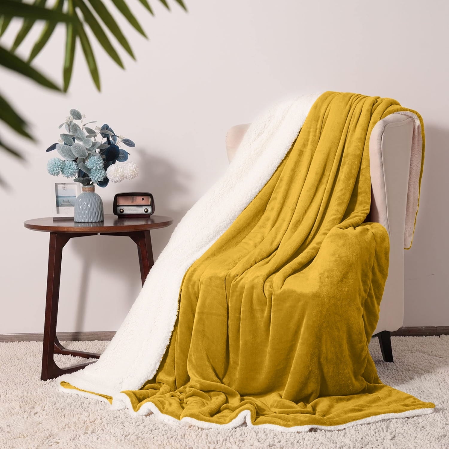 Super Soft Flannel Moonlight20015 Sherpa Blanket Fluffy Plush Couch & Travel Blanket Reversible Throw Size Ochre Color - Lightweight Plush Warm Blanket for All Seasons Detail