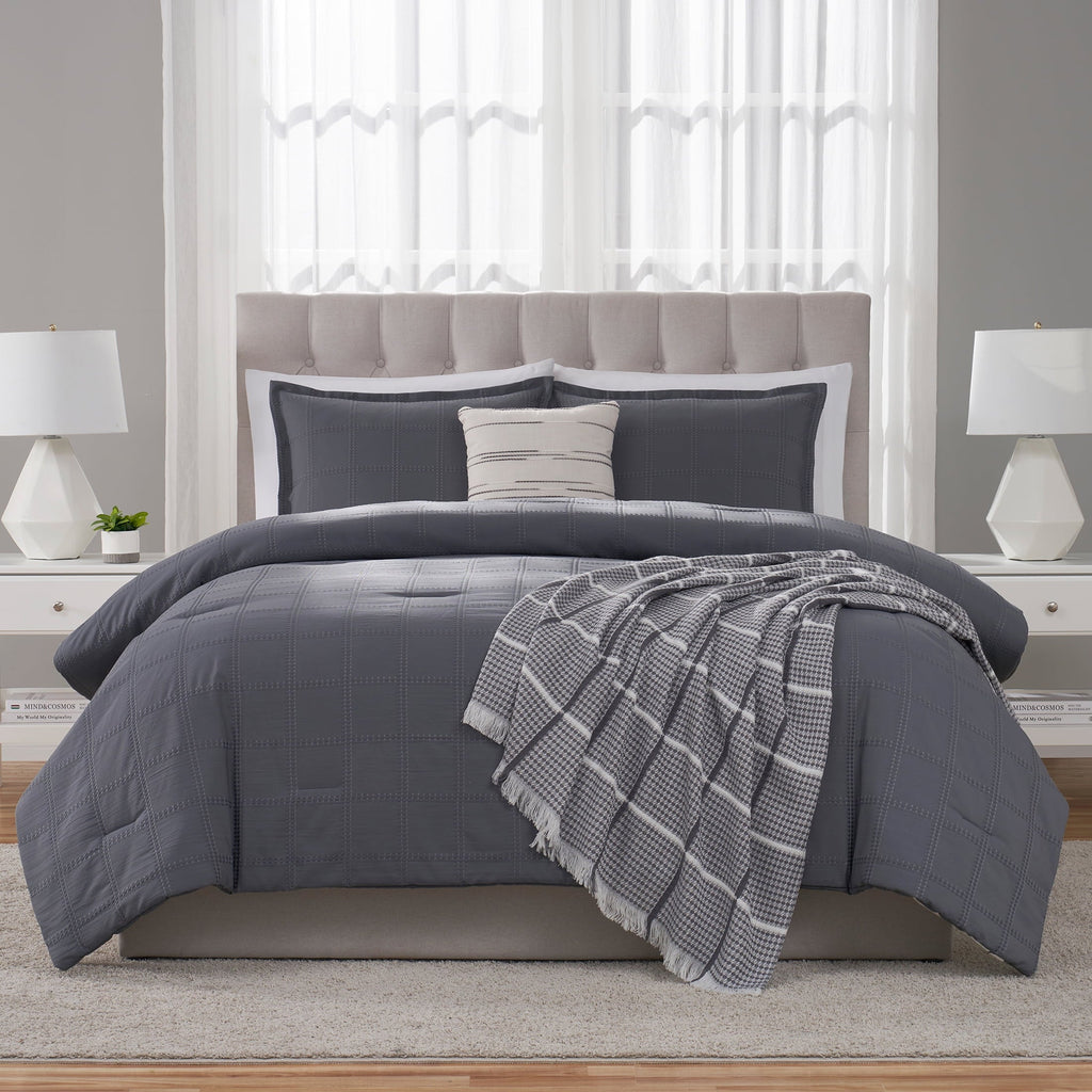 Fluffy Down Alternative Full/Queen Comforter Set, All-Season, 5-Piece, Grey Waffle Check - All-Season Down Alternative Comforter Insert Detail