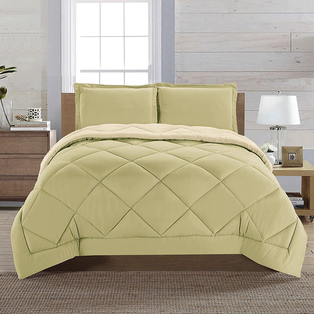Fluffy Down Alternative 3-Piece Comforter Set - Reversible, Box Stitched Down Alternative, King/California King, All Season Suitable, Sage/Cream - Luxurious Quilted Duvet Cover Set Detail
