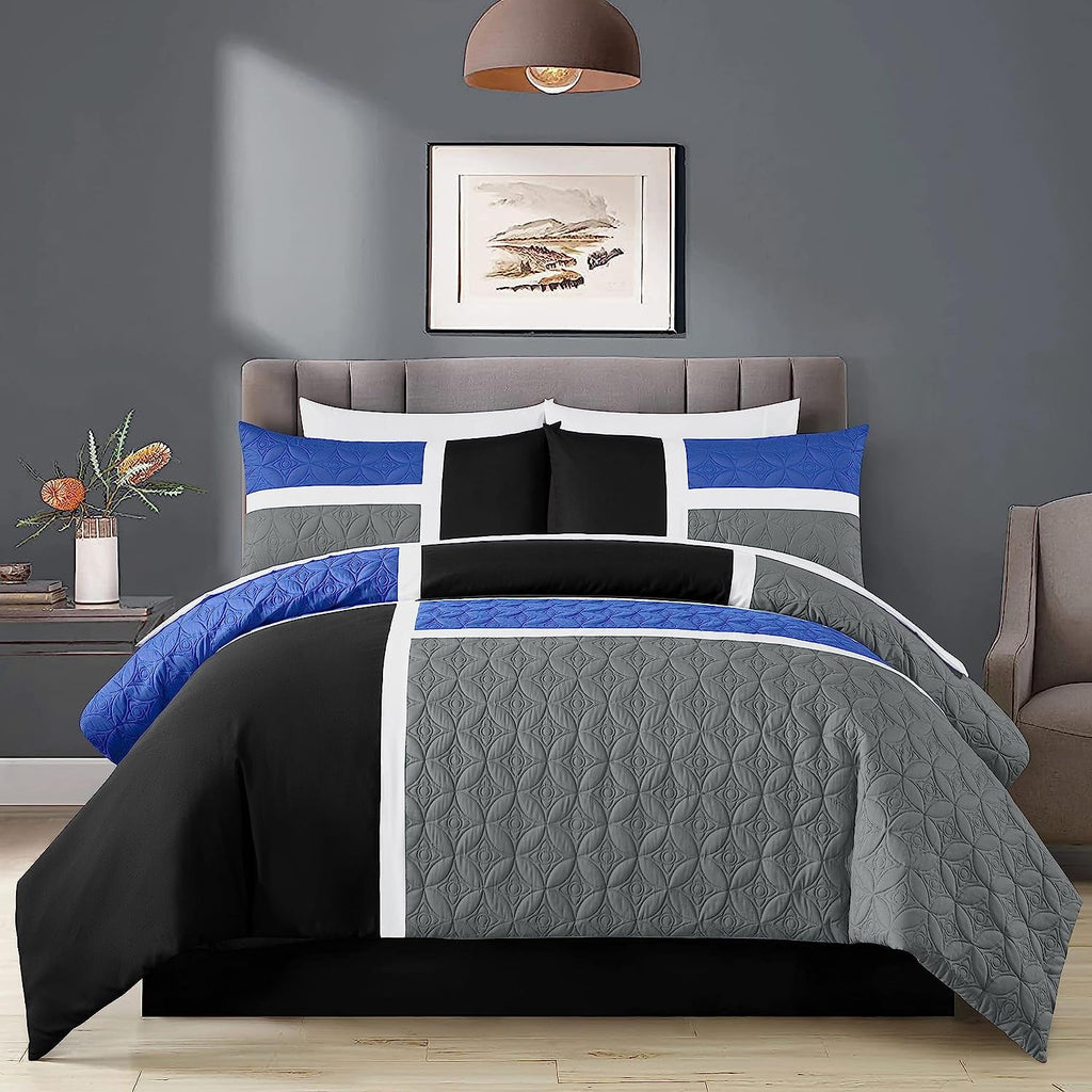 Luxurious Quilted Bernard 7-Piece Full Bed in a Bag Comforter Set with Sheets, Lightweight Comforter Blue Black Gray Patchwork Quilted ... - Cloud-Like Soft Lightweight Bed Comforter Detail