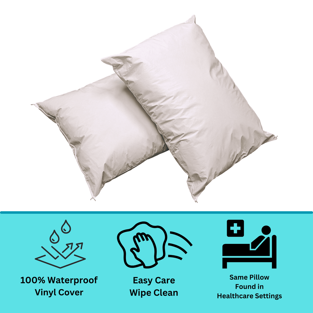 Orthopedic Support 2 Pack MediCheck White Vinyl Covered Bed Pillows 20 in x 26 in - Wipeable Easy Clean - Soft Low Profile Non-Fluffy Su... - Orthopedic Shredded Foam Bed Pillow Set Detail