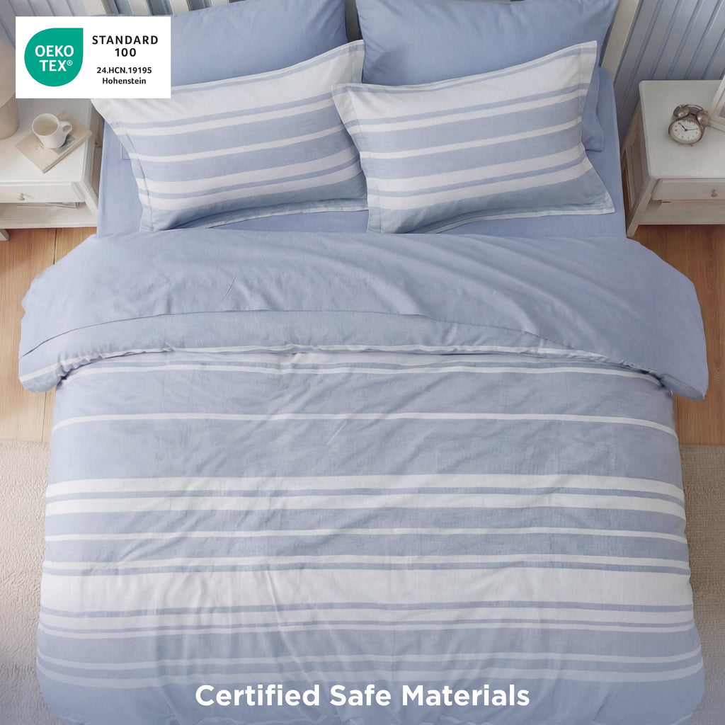 Fluffy Down Alternative Queen Comforter Set Blue, Bed in a Bag Queen Size Bedding 7-Pieces, Striped Bedding Set for All Seasons - Luxurious Quilted Duvet Cover Set Detail