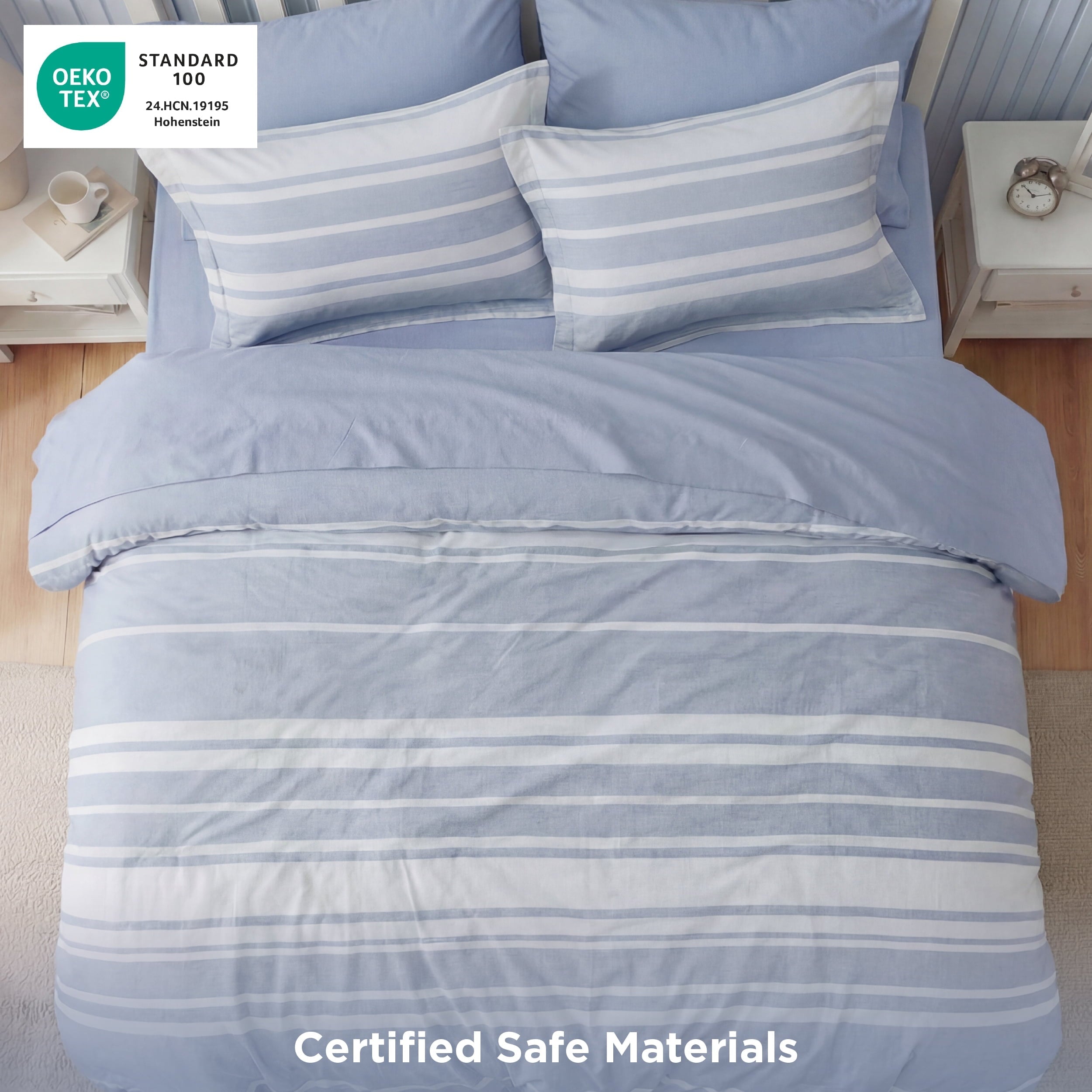 Fluffy Down Alternative Queen Comforter Set Blue, Bed in a Bag Queen Size Bedding 7-Pieces, Striped Bedding Set for All Seasons - Luxurious Quilted Duvet Cover Set Detail