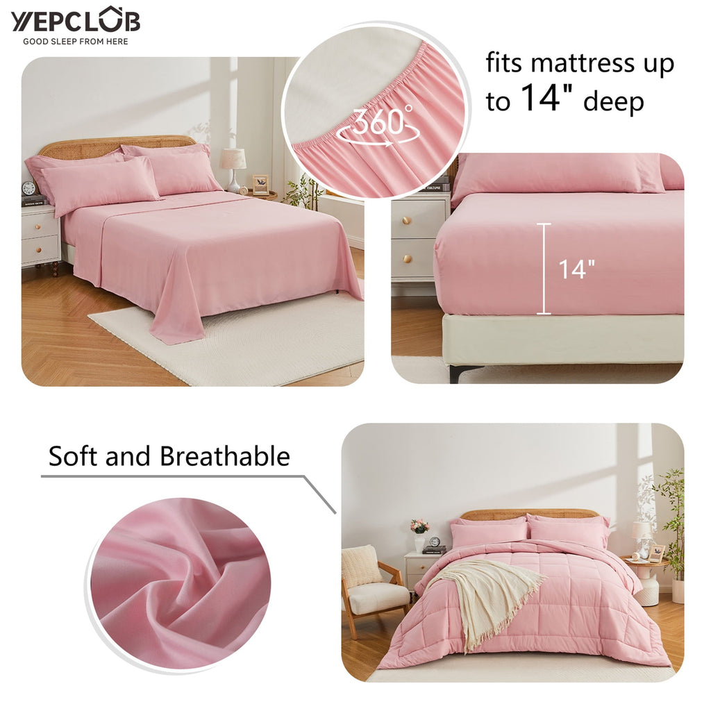 Fluffy Down Alternative 7-Piece Queen Size Comforter Set,Pink Reversible Bed in a Bag,All Season Solid Bedding Set with Sheets,Pillowcases & ... - All-Season Down Alternative Comforter Insert Detail