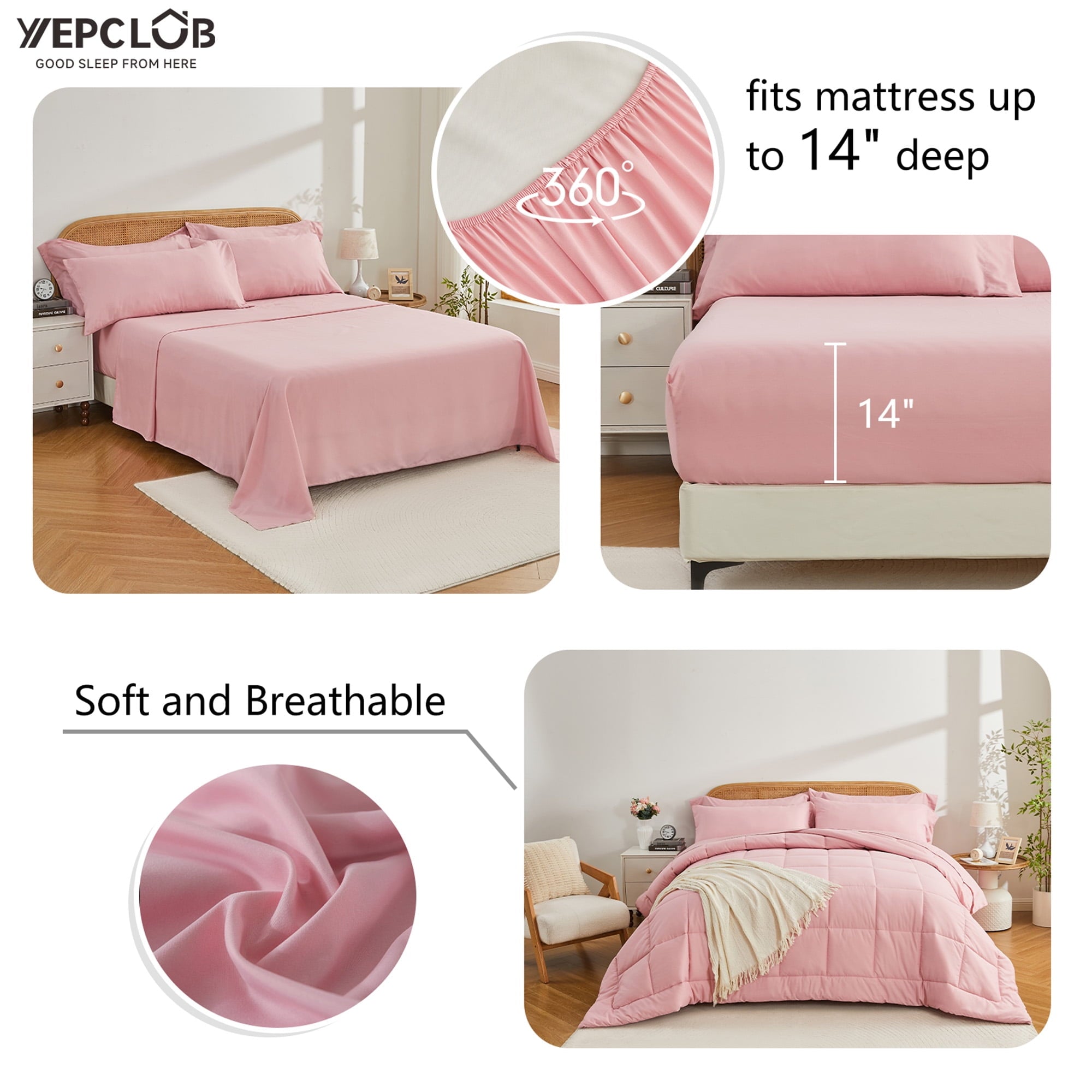 Fluffy Down Alternative 7-Piece Queen Size Comforter Set,Pink Reversible Bed in a Bag,All Season Solid Bedding Set with Sheets,Pillowcases & ... - All-Season Down Alternative Comforter Insert Detail