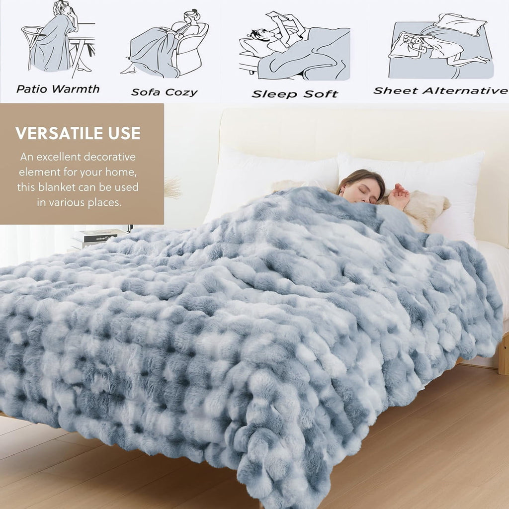 Cozy Fleece Faux Fur Blanket Fluffy Luxury Throw Blanket Plush Fuzzy Blanket for Couch Bed 50×60 Inches Tie-dyed Blue - Luxury Knitted Decorative Throw Blanket with Fringes Detail
