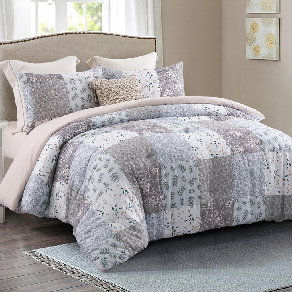 All-Season 3-Piece Queen Comforter Set, Soft Reversible Bedding Comforter Sets, Patchwork Printed Down Alternative Comforter Duv... - Luxurious Quilted Duvet Cover Set Detail