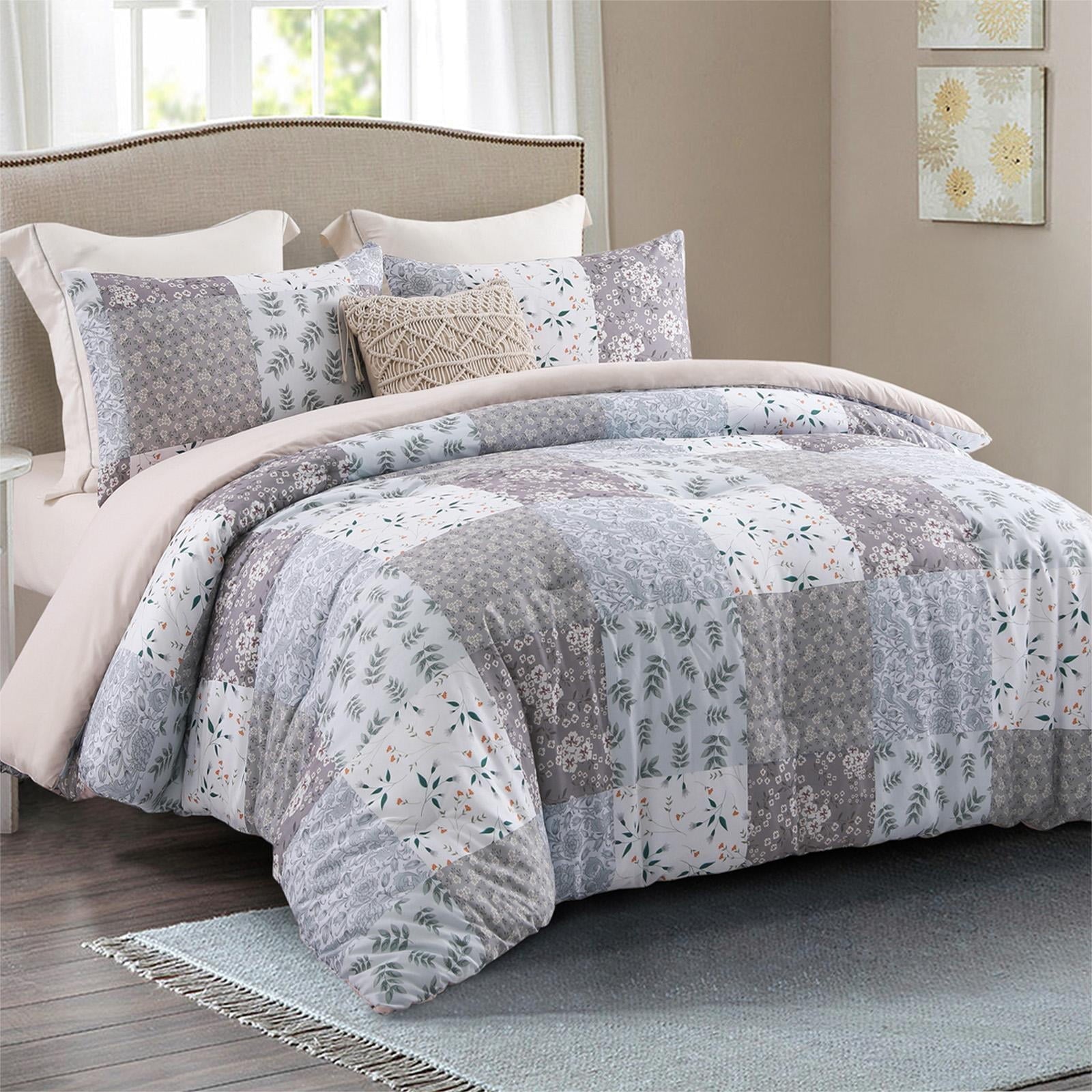 All-Season 3-Piece Queen Comforter Set, Soft Reversible Bedding Comforter Sets, Patchwork Printed Down Alternative Comforter Duv... - Luxurious Quilted Duvet Cover Set Detail