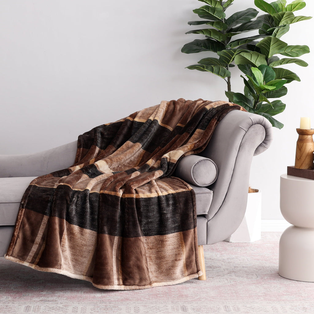 Lightweight Warm Printed Velvet Plush Super Soft Throw Blanket, Oversized, Shelton Brown Plaid - Cozy Fleece Throw Blanket for Couch & Bed Detail