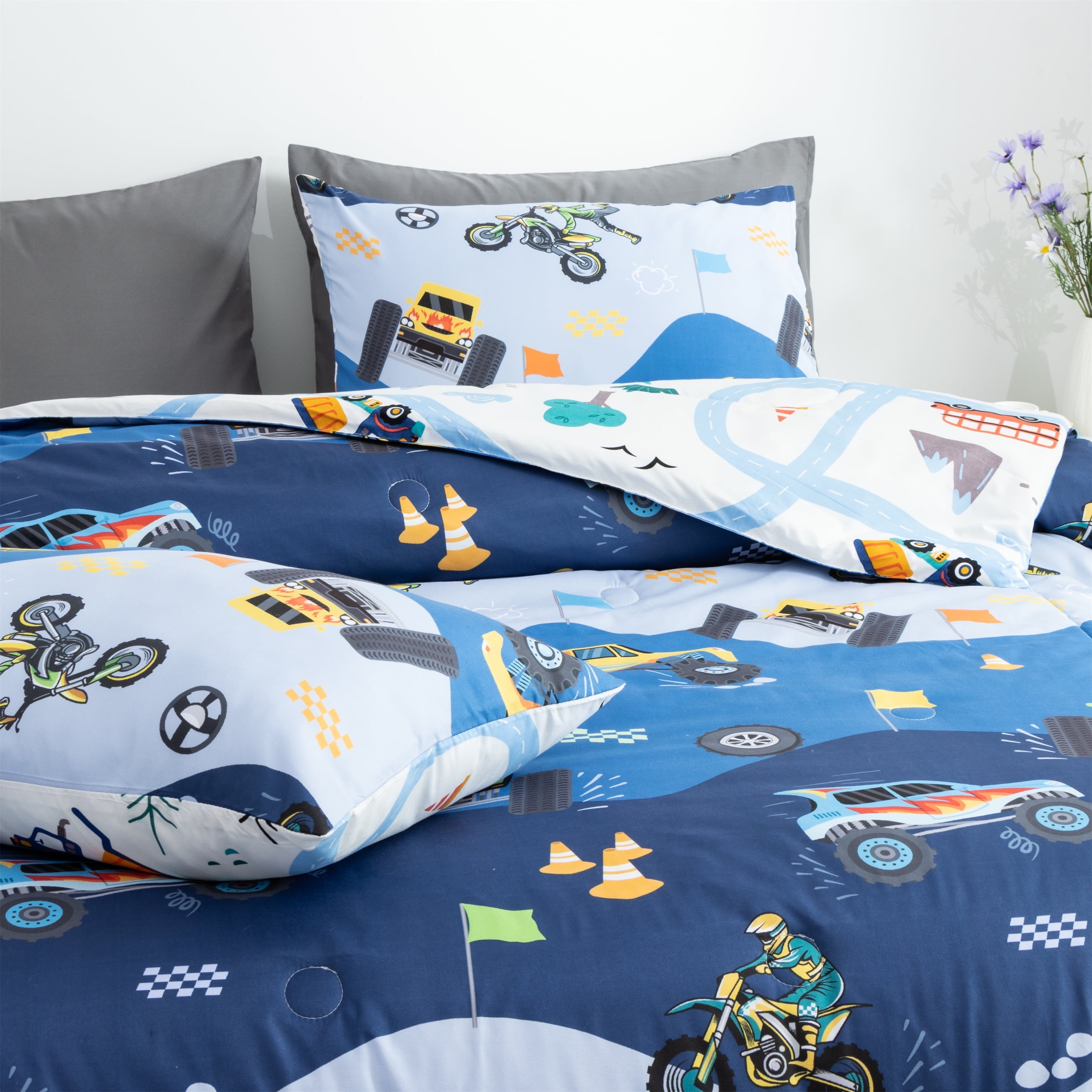Heavyweight Warmth 3Pcs Reversible Construction Truck Twin Comforter Set for Boys Kids Excavator Vehicle Motorcycle Bedding Set Blue - All-Season Down Alternative Comforter Insert Detail