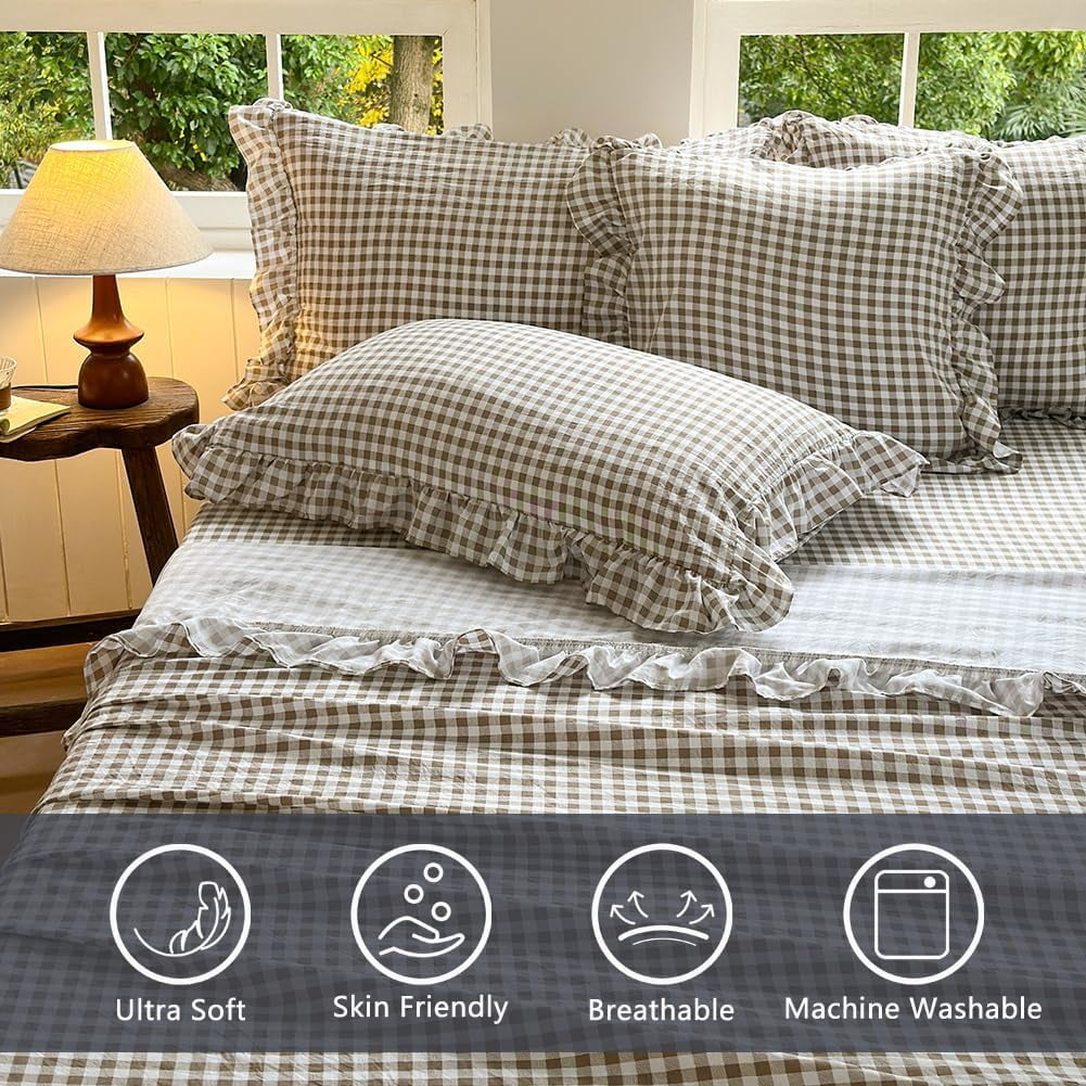 Ultra-Soft Tan Gingham Ruffle Queen Sheet Set, Taupe Soft Pre-Washed Microfiber Plaid Ruffled Queen Bed Sheets, 4-Pieces Farmhou... - Luxury Bed Sheet Set with Deep Pockets Detail
