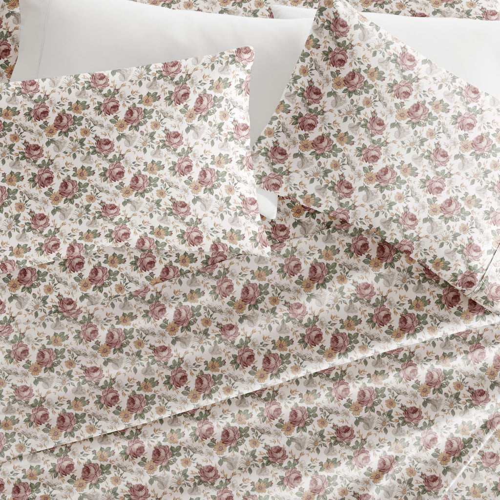 Breathable Luxury 4 Piece Pattern Microfiber Bed Sheets Set, Blooming Floral Rose, Queen - Premium Ultra-Soft Pillowcase Pair for Sleeping Detail