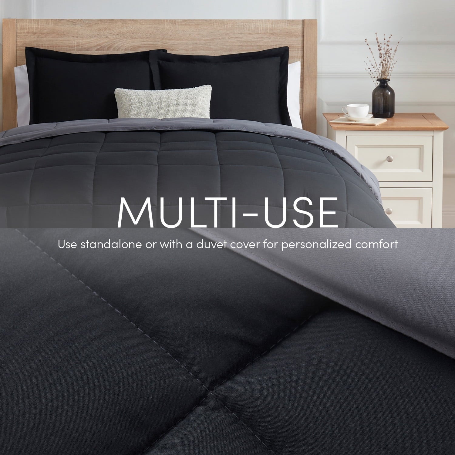 Hypoallergenic Cloud Queen Comforter Set, 3 Piece Bed in a Bag, Reversible Down Alternative Bedding Set, Black & Gray - Cloud-Like Soft Lightweight Bed Comforter Detail