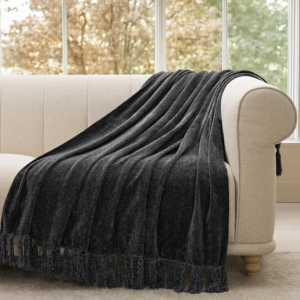 Cozy Fleece Soft Chenille Throw Blanket for Couch, Cozy Plush Fuzzy Decorative Chenille Knit Throw Blanket with Tassels, Lightwei... - Luxury Knitted Decorative Throw Blanket with Fringes Detail