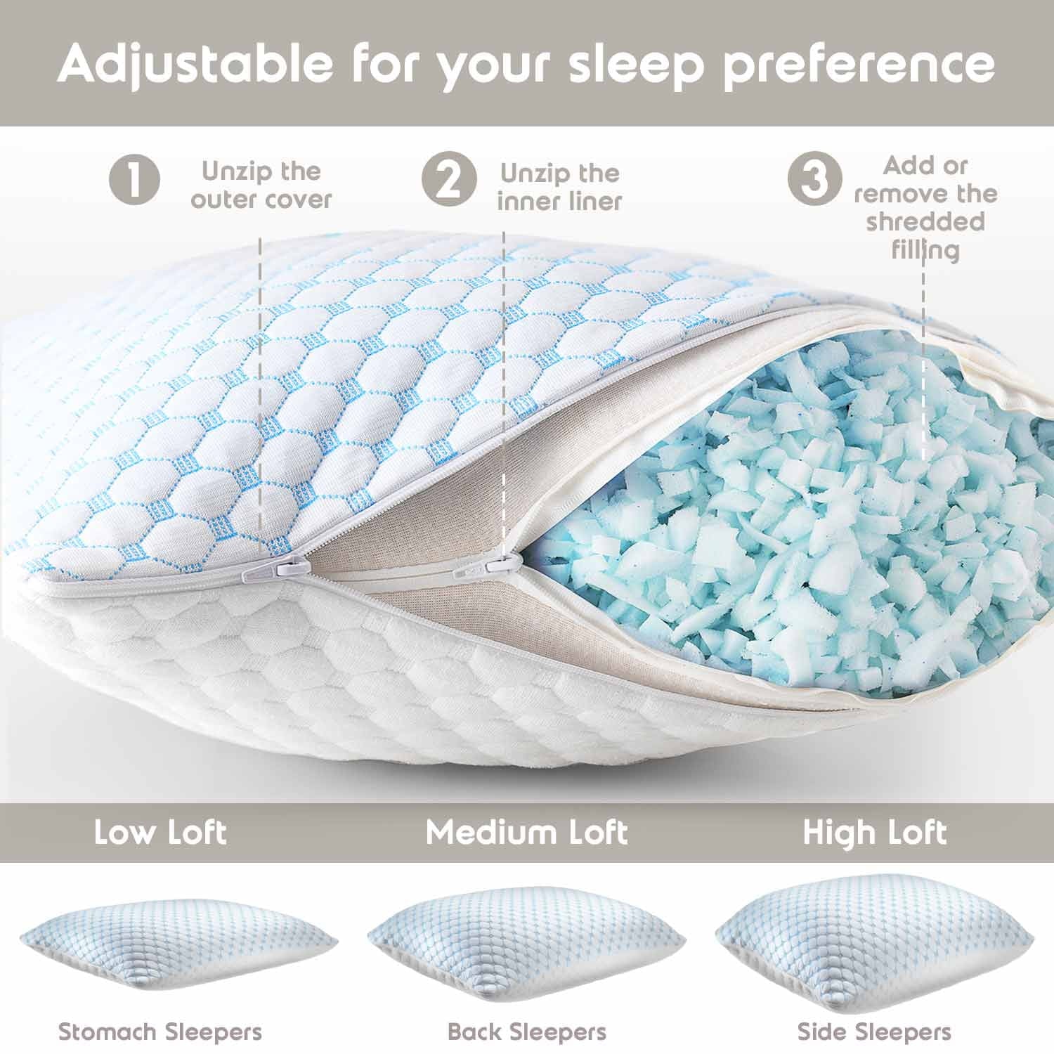 Hotel Collection Cooling Pillows for Bed, Memory Foam Bed Pillow, Queen Pillows 20” X 28”, 2 Pack - Decorative Throw Pillow Cushion for Sofa & Bed Detail